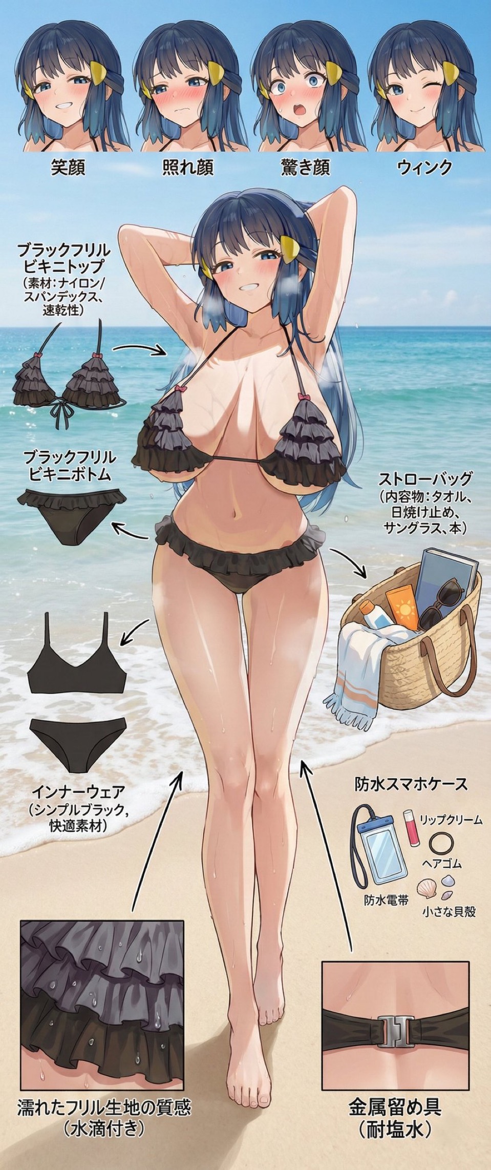 1girl, 1girls, ai, ai generated, bag, beach, bikini, circle ueponzu, dawn (pokemon), frilled bikini, hands behind head, huge breasts, pokemon, steam, sunglasses, sunscreen, thin waist