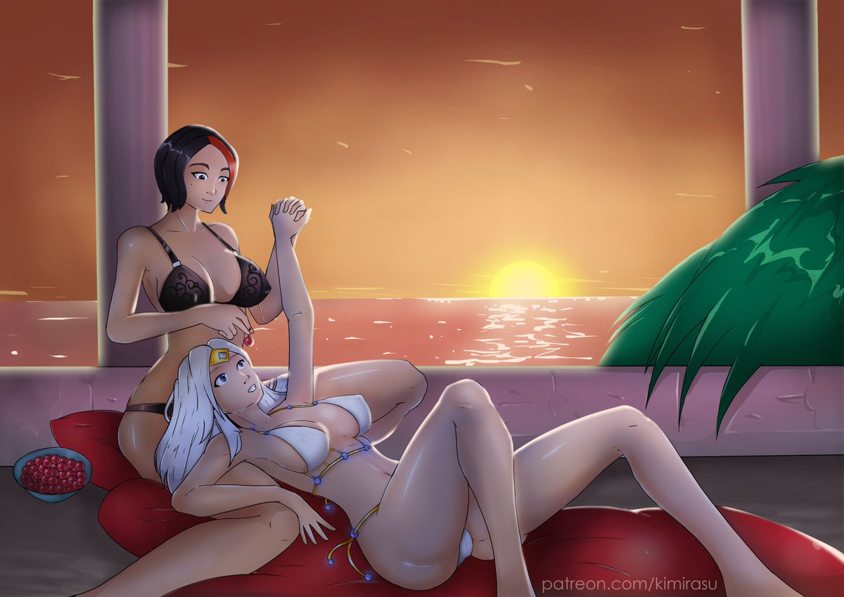 big_breasts black_bra black_hair blue_eyes breasts kimirasu lian_(paladins) paladins short_hair sunset vivian_(paladins) white_bra white_hair yuri