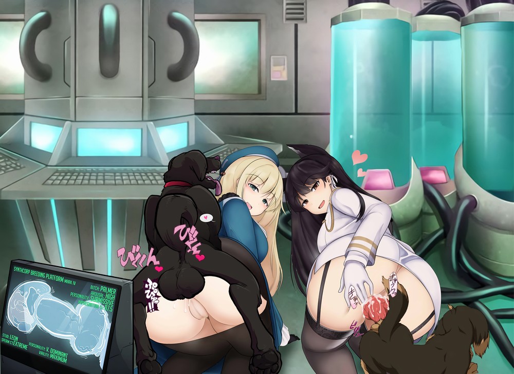 2animals, 2girls, anal, atago (azur lane), atago (kantai collection), azur lane, black hair, blonde hair, bottomless, brown eyes, canine, cum, experiment, female, female on feral, green eyes, kantai collection, knot, knotted, knotted penis, knotting, laboratory, looking at viewer, male, multiple females, multiple girls, penis, pussy, sex, third-party edit, uncensored, zoophilia