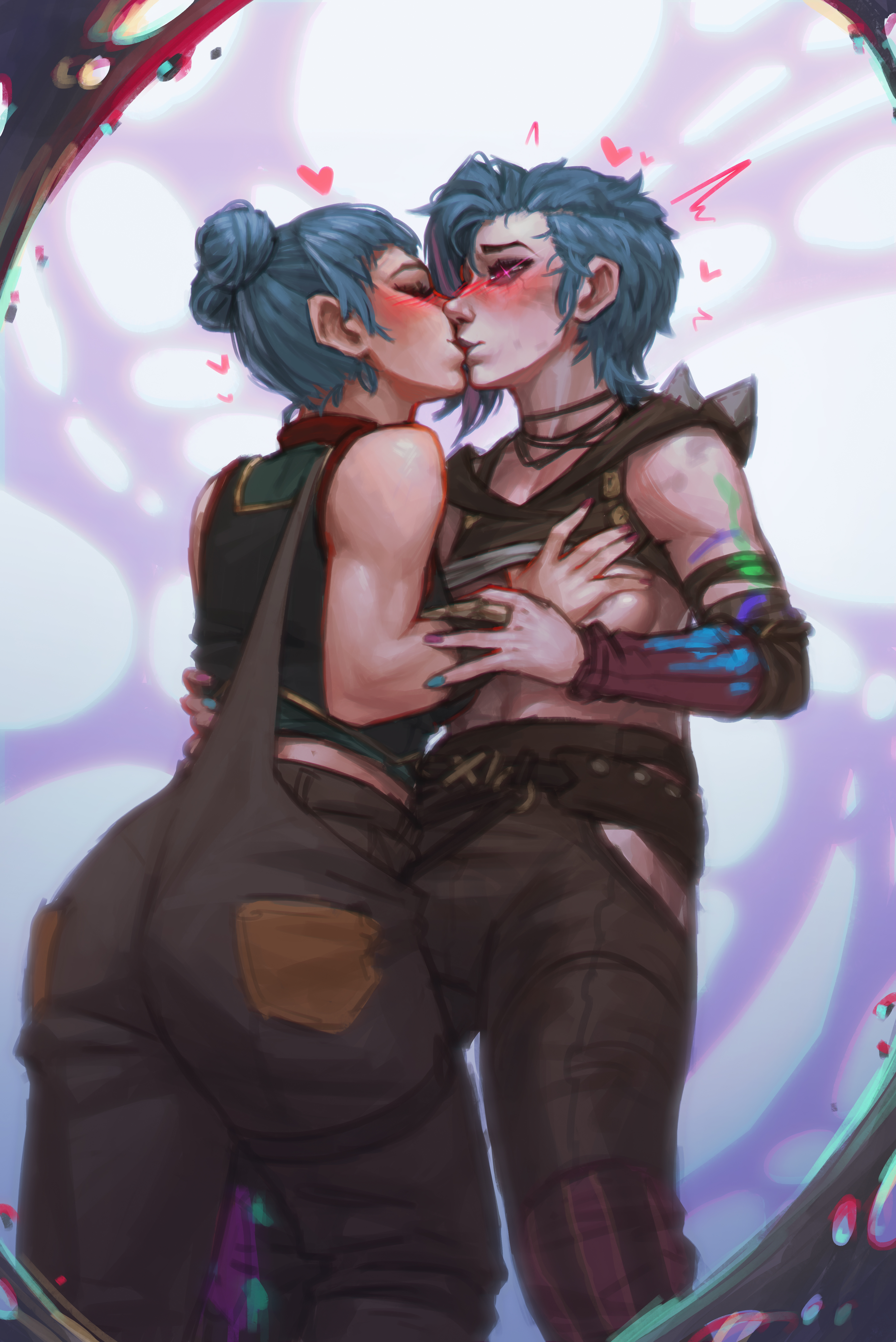arcane, arcane jinx, blue hair, clothed, color, embrace, girl on girl, hand on breast, human, human only, jinx (arcane), jinx (league of legends), kiss, kissing, league of legends, lesbian, lesbian kiss, lesbians, loving couple, powder (arcane), selfcest, starlyve, woman only, yuri