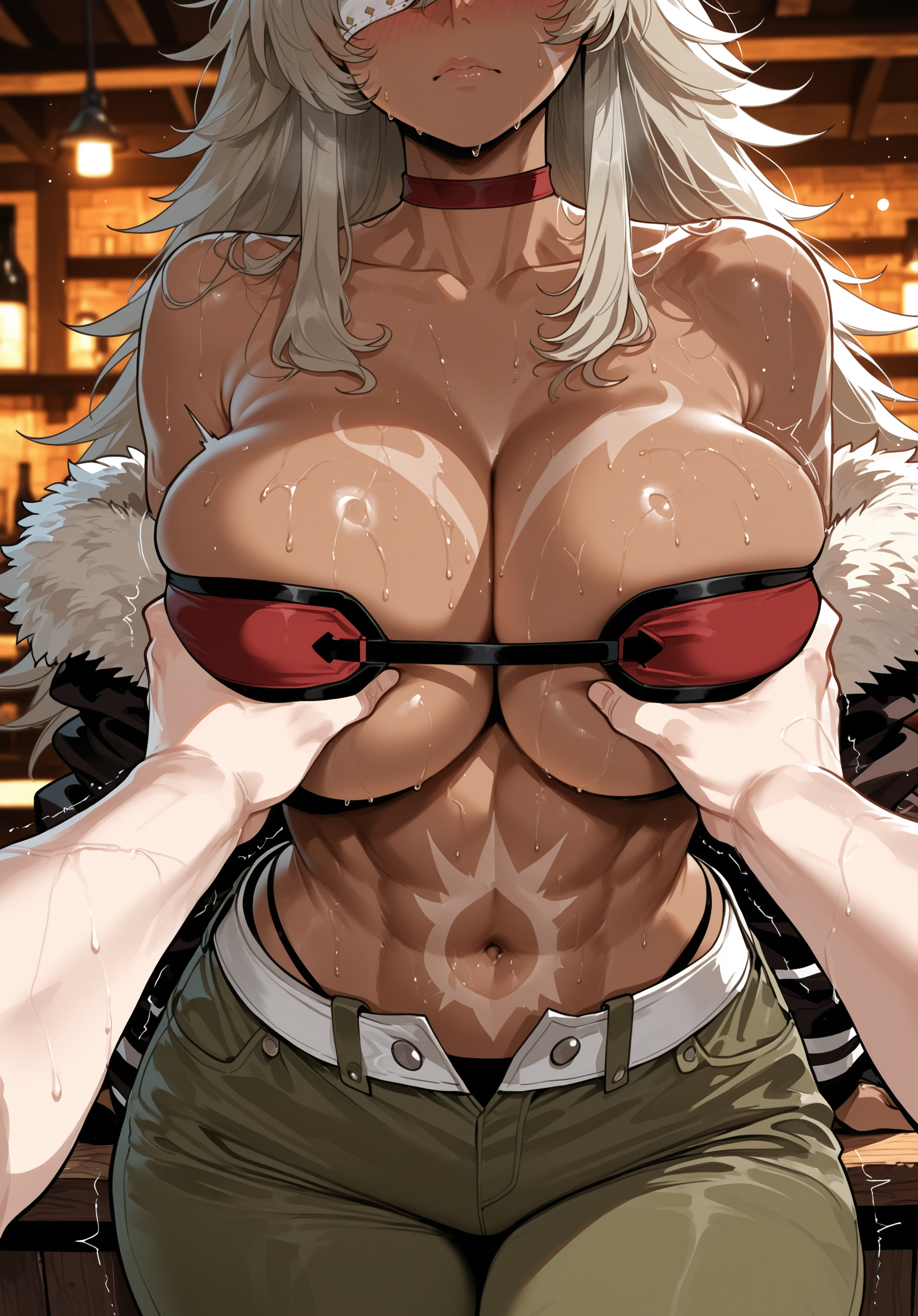 1girls, 2d, abs, ai generated, big breasts, bikini top, black panties, breasts, brown skinned female, curvaceous, curvy, curvy figure, dark skin, dark-skinned female, female abs, first person view, fit female, fondling breasts, fur jacket, ghislaine dedoldia, grope, groping, groping breasts, huge breasts, large boobs, large breasts, large tits, miyuai, muscles, muscular, muscular female, mushoku tensei, mushoku tensei: isekai ittara honki dasu, nice tits, revealing outfit, scar on stomach, standing, sweating, sweating female, touching breasts, unbuttoned pants, viewer pov, white hair
