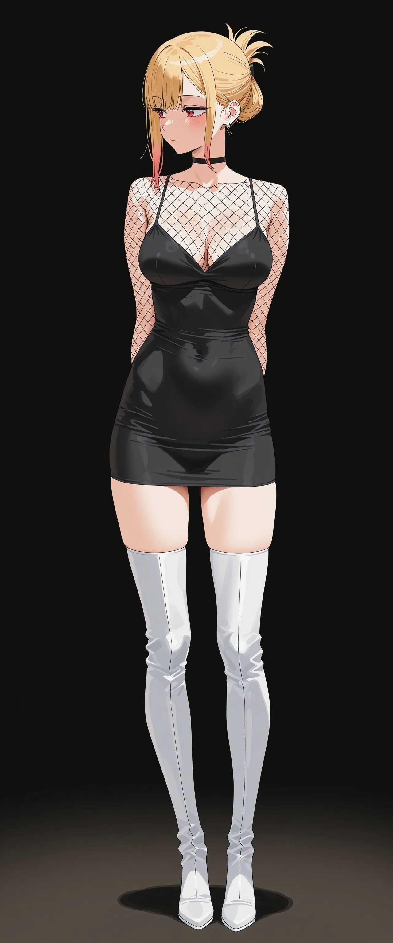 1girls, ai assisted, ai generated, arms behind back, big breasts, black background, black dress, blonde hair, boots, choker, cleavage, colored tips, dress, fishnet clothing, fishnet topwear, fishnets, hair clips, hair tie, hourglass figure, kitagawa marin, long hair, marin kitagawa, my dress up darling, overknee boots, piercing, rinomaw, short dress, shy, simple background, sono bisque doll wa koi wo suru, thigh boots, thigh high boots, tight dress, white boots, young, young female, zettai ryouiki