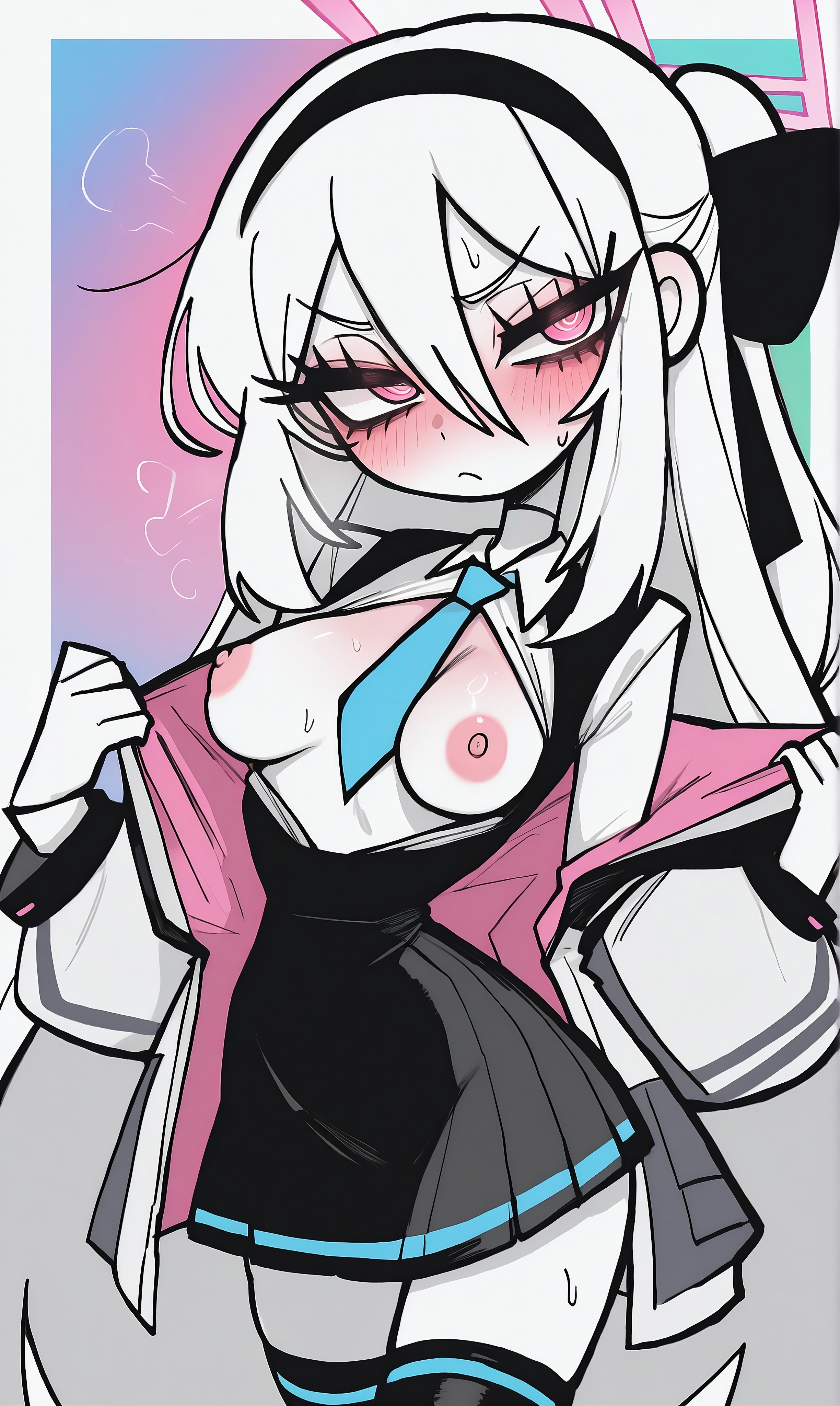 1girls, ai, ai generated, ai-created, black hairband, black headwear, black skirt, black thighhighs, black vest, blue archive, blue tie, blush, collared shirt, hair between eyes, hair ribbon, halo, kei (blue archive), long hair, looking away, nervous sweat, nipples, open clothes, open shirt, pale skin, pink eyes, pink halo, ponytail, shittyaistuff, simple background, skinny, skirt, slender waist, small breasts, sweat, sweatdrop, thick eyelashes, tsundere, two tone clothing, two-tone jacket, white hair, white skin