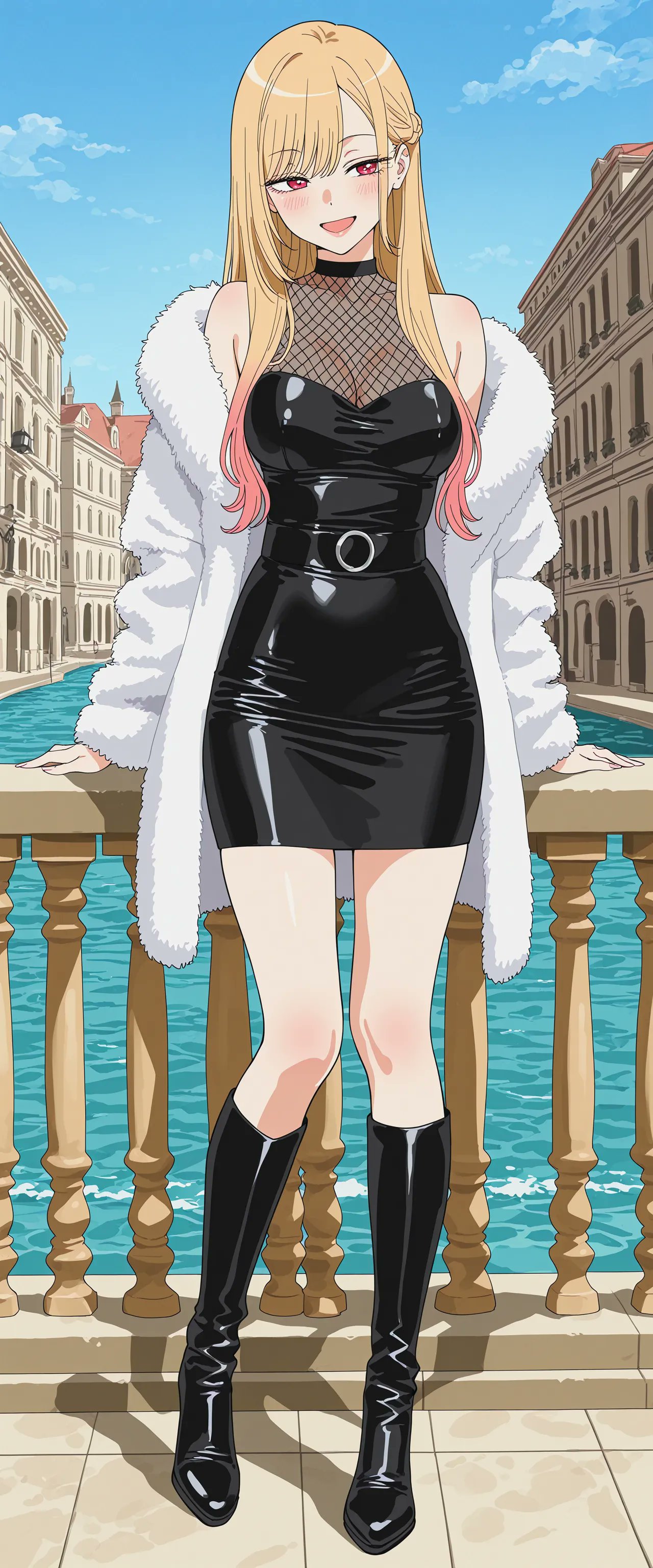 1girls, ai assisted, ai generated, belt, big breasts, black dress, blonde hair, blue sky, boots, braided hair, bridge, choker, cleavage, coat, colored tips, fishnet topwear, fishnets, fur coat, hourglass figure, house, houses, kitagawa marin, latex, latex boots, latex clothing, latex dress, leaning, leaning on fence, long hair, marin kitagawa, my dress up darling, outside, piercing, posing, posing for the viewer, red eyes, rinomaw, short dress, sono bisque doll wa koi wo suru, tight clothing, waist belt, white coat, young, young female