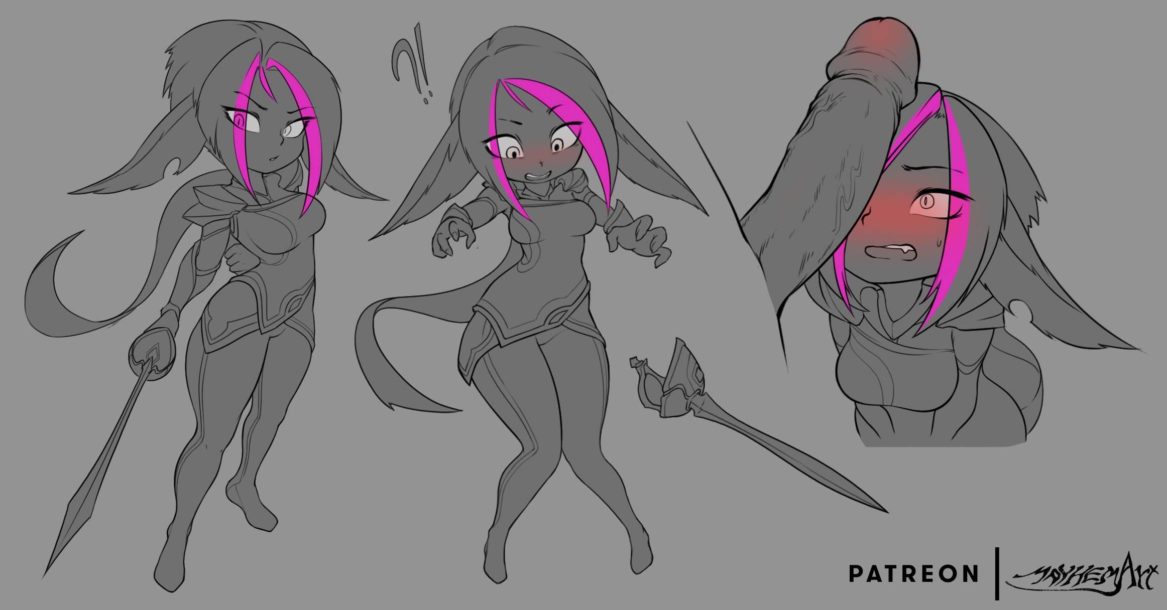 2019, armor, blush, female, fiora laurent, greyscale, league of legends, male, mayhem (artist), penis, penis awe, penis on face, riot games, surprised, sword, tagme, transformation, yordle, yordlefied