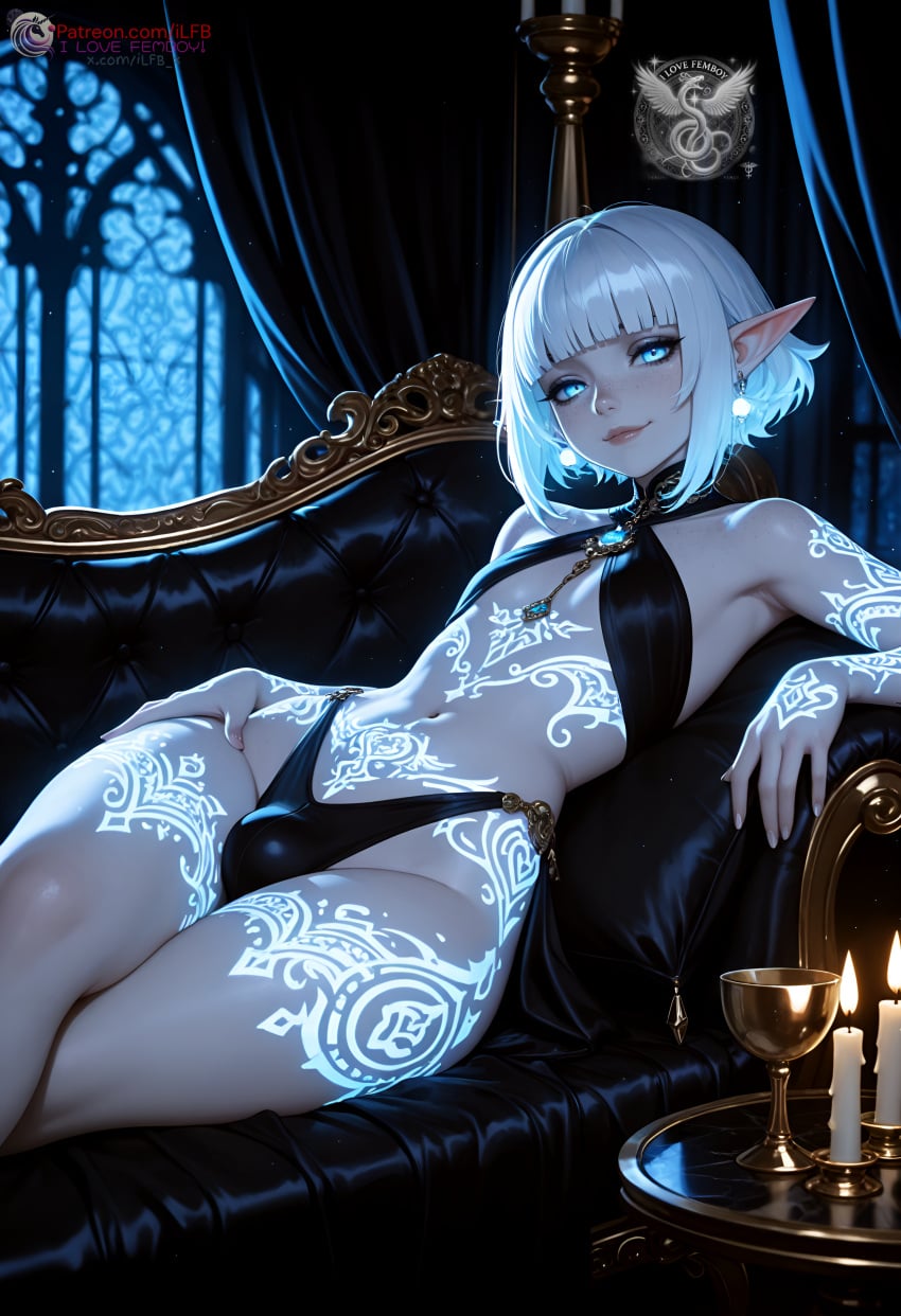 1boy, ai generated, blue eyes, blue hair, bra, breasts, bulge, bulge through clothing, candle, candlelight, candles, choker, ear piercing, earrings, elf, elf ears, feet out of frame, femboy, flat chest, foot out of frame, high resolution, highres, ilfb, looking at viewer, lying, lying down, male, medium hair, more at source, original, original character, otoko no ko, ribbon, ribbons, solo, tattoo, tattoo on arm, tattoo on belly, tattoo on breast, tattoo on butt, tattoo on chest, tattoo on legs, tattooed arm, tattoos, tattoos everywhere, trap, white hair, white nail, white nail polish, white nails, window, windows