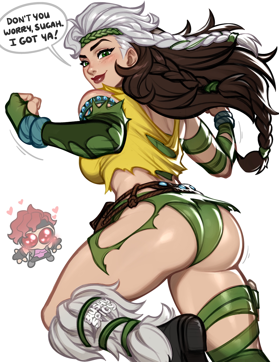 1girls, 2d, anna marie, ass, blush, blushypixy, blushyspicy, brown hair, bubble butt, female, female only, fingerless gloves, gambit, green eyes, jungle girl, long hair, marvel, marvel comics, marvel rivals, remy lebeau, rogue (marvel rivals), rogue (savage land), rogue (x-men), savage land, solo, torn clothes, white hair, x-men