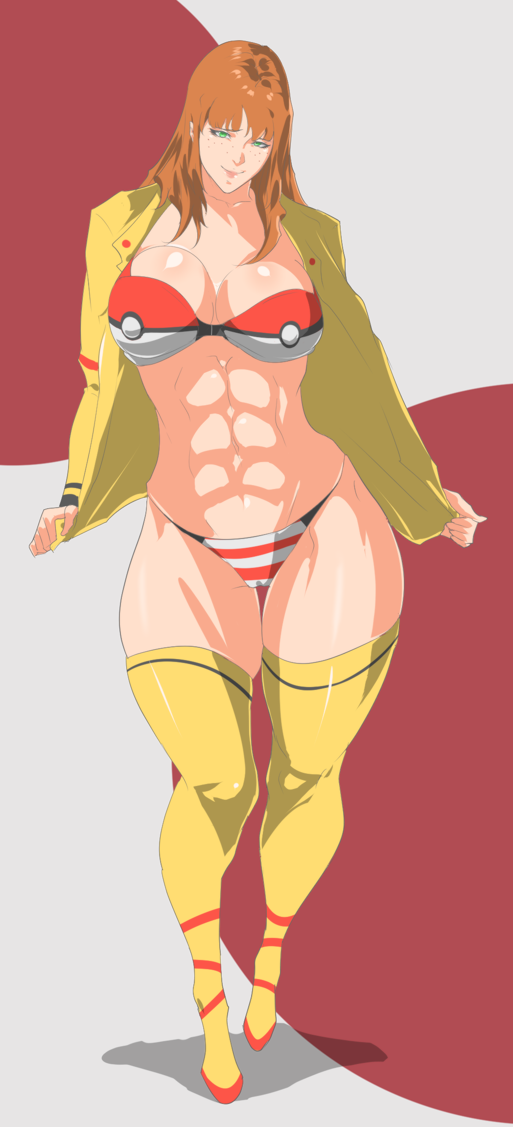 1girls 2019 abs big_breasts bra breasts clothed clothing eyebrows eyelashes female female_only freckles green_eyes hair huge_breasts human large_breasts legs legwear lips lipstick long_hair looking_at_viewer muscular muscular_female open_clothes orange_hair original_character panties pink_lips pink_lipstick pokemon shiny shiny_skin solo standing tenchizone thick_thighs thighhighs yellow_legwear