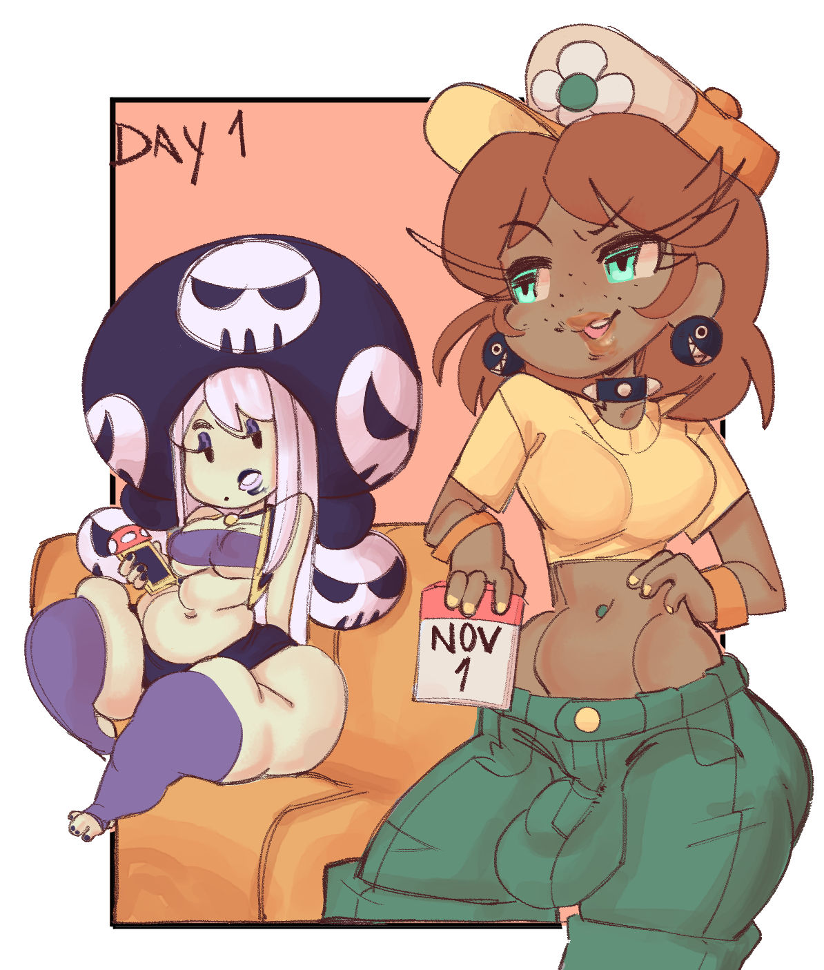 0gupy0, 2girls, belly button, bracelet, bracelets, calendar (object), chain chomps earrings, collar, crop top, dark skin, dark-skinned female, ear ring, earrings, futanari, ginger futa, ginger hair, goth, goth makeup, green eyes, mario (series), midriff, mob face, navel, navel piercing, no nut november, parachute cap, phone, princess daisy, purple hair, shorts bulge, spiked collar, stomach piercing, streetwear, super mario bros. wonder, super mario land, tagme, toad (mario), toadette, two girls, woman, woman only, women, women only