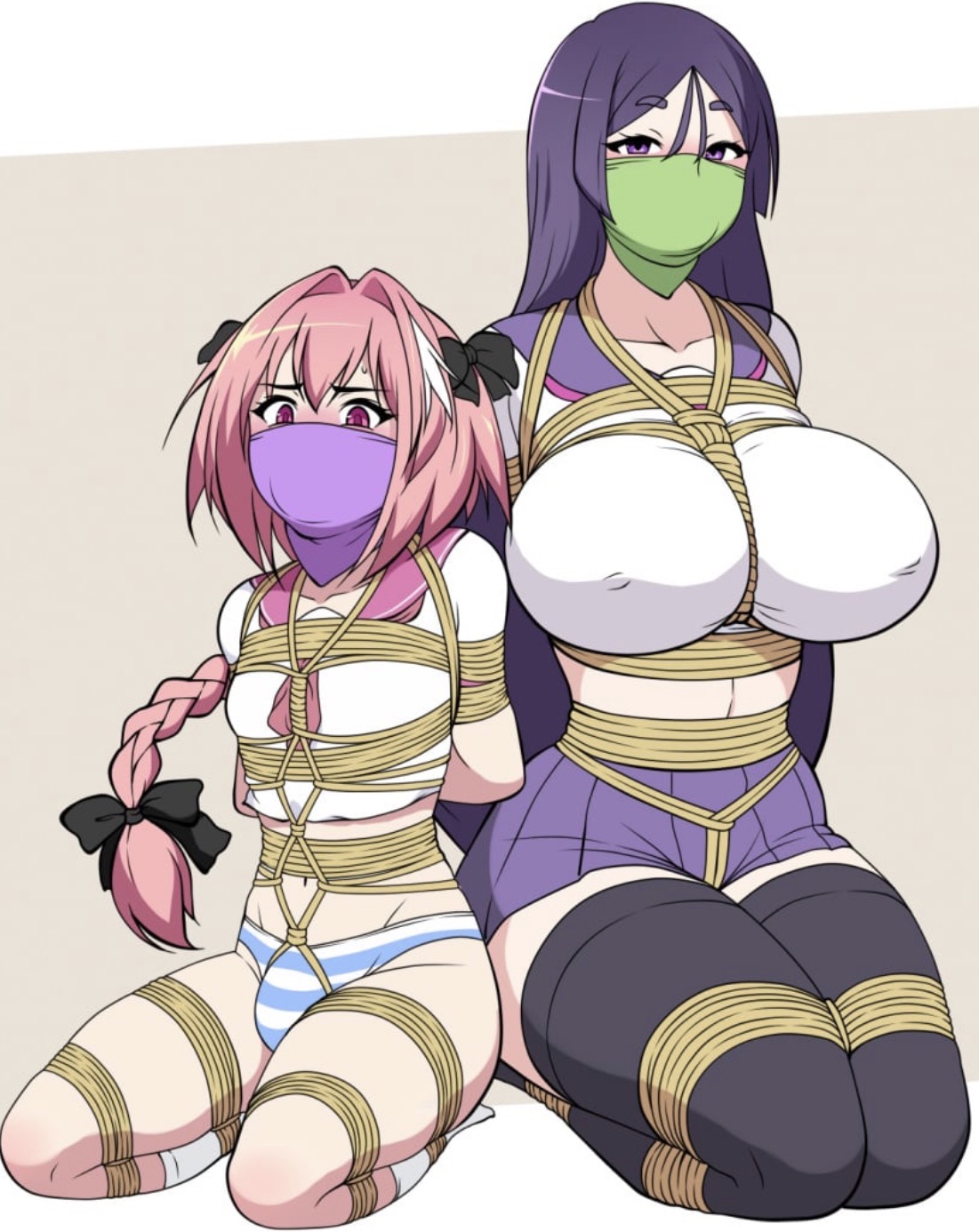 1boy, 1girls, astolfo (fate), bi domination, bondage, both sexes in same situation, bound, bulge, busty, collar, crossdressing, fate (series), fate/grand order, female, femboy, femboysub, femsub, gag, gagged, gagging, helpless, helpless female, jam-orbital, male and female subs, malesub, minamoto no raikou (fate/grand order), panties, pink hair, ponytail, purple hair, slave, slave girl, submissive, submissive female, submissive male, thick thighs, thighhighs