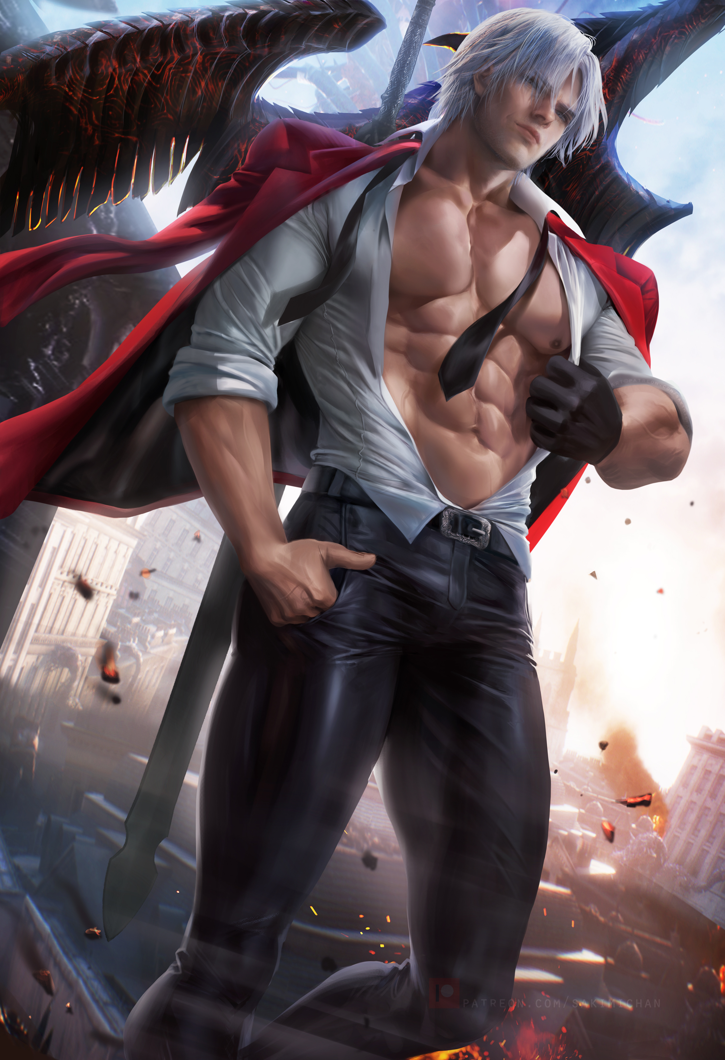 dante (devil may cry), devil may cry, devil may cry (series), male, male only, sakimichan, solo, white hair