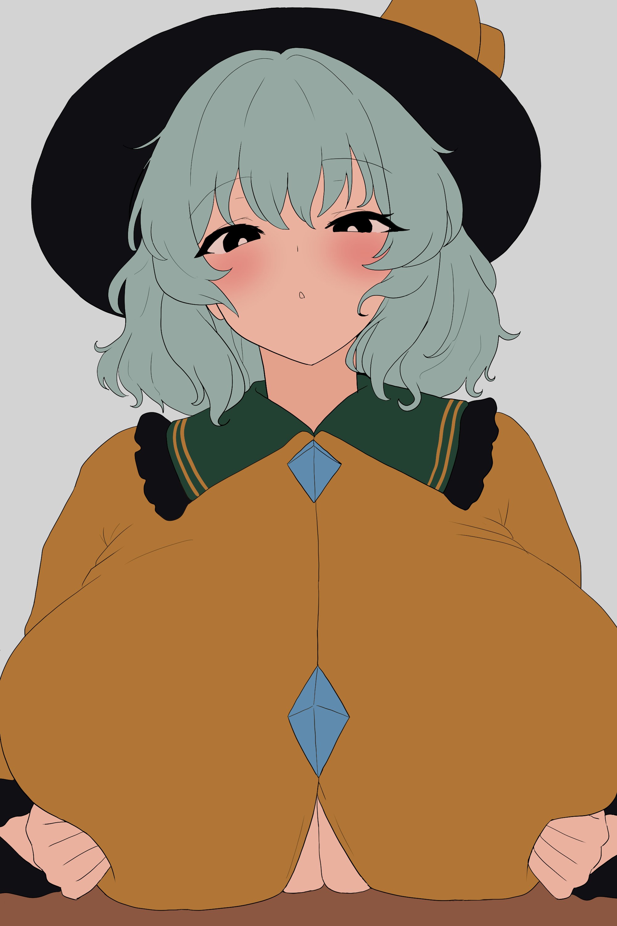 :o, 1boy, 1girl, alternate breast size, black eyes, black headwear, blouse, blush, bow, breasts, bright pupils, button gap, buttons, cleavage, collared shirt, diamond button, female, frilled shirt collar, frills, green eyes, green hair, grey background, hat, hat bow, hat ribbon, heart, huge breasts, koishi komeiji, komeiji koishi, long sleeves, looking at viewer, medium hair, moriforest1040, paizuri, paizuri under clothes, parted lips, pov, ribbon, shirt, short hair, simple background, solo, solo focus, straight, third eye, third eye (touhou), touhou, touhou project, upper body, white background, white pupils, yellow ribbon, yellow shirt
