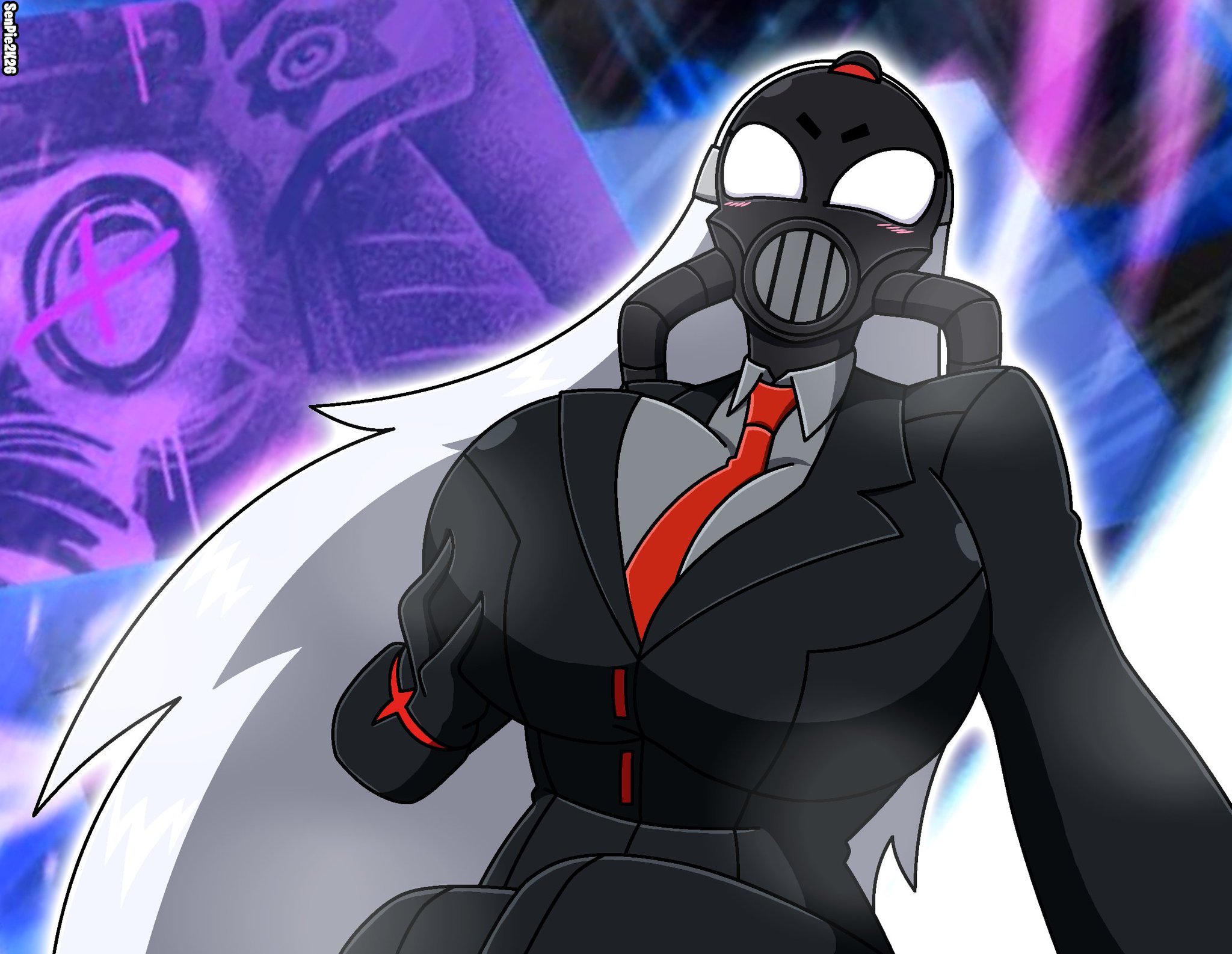 1girls, black suit, chaos director (fortnite), city boy, clothed, epic games, faceless character, faceless female, fortnite, fortnite: battle royale, gas mask, grabbing own breast, heissenpie, no pupils, solo, suit and tie, white hair, yumeko grabbing her breast