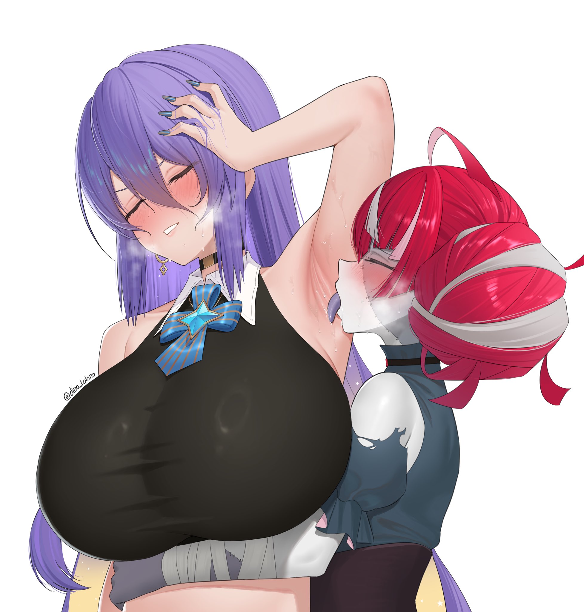 2girls, ahoge, armpit fetish, armpit licking, armpits, arms on waist, bakushin o armpit gif (meme), bandages, blush, breasts, closed eyes, dino tokino, earrings, eyes closed, female, female only, hair bun, hand on head, hololive, hololive indonesia, hololive indonesia area 15, hololive indonesia holoro, huge breasts, kureiji ollie, long hair, monster girl, moona hoshinova, multicolored hair, purple hair, red hair, ribbon, steamy breath, stitched, sweat, tongue out, virtual youtuber, visible breath, vtuber, zombie, zombie girl