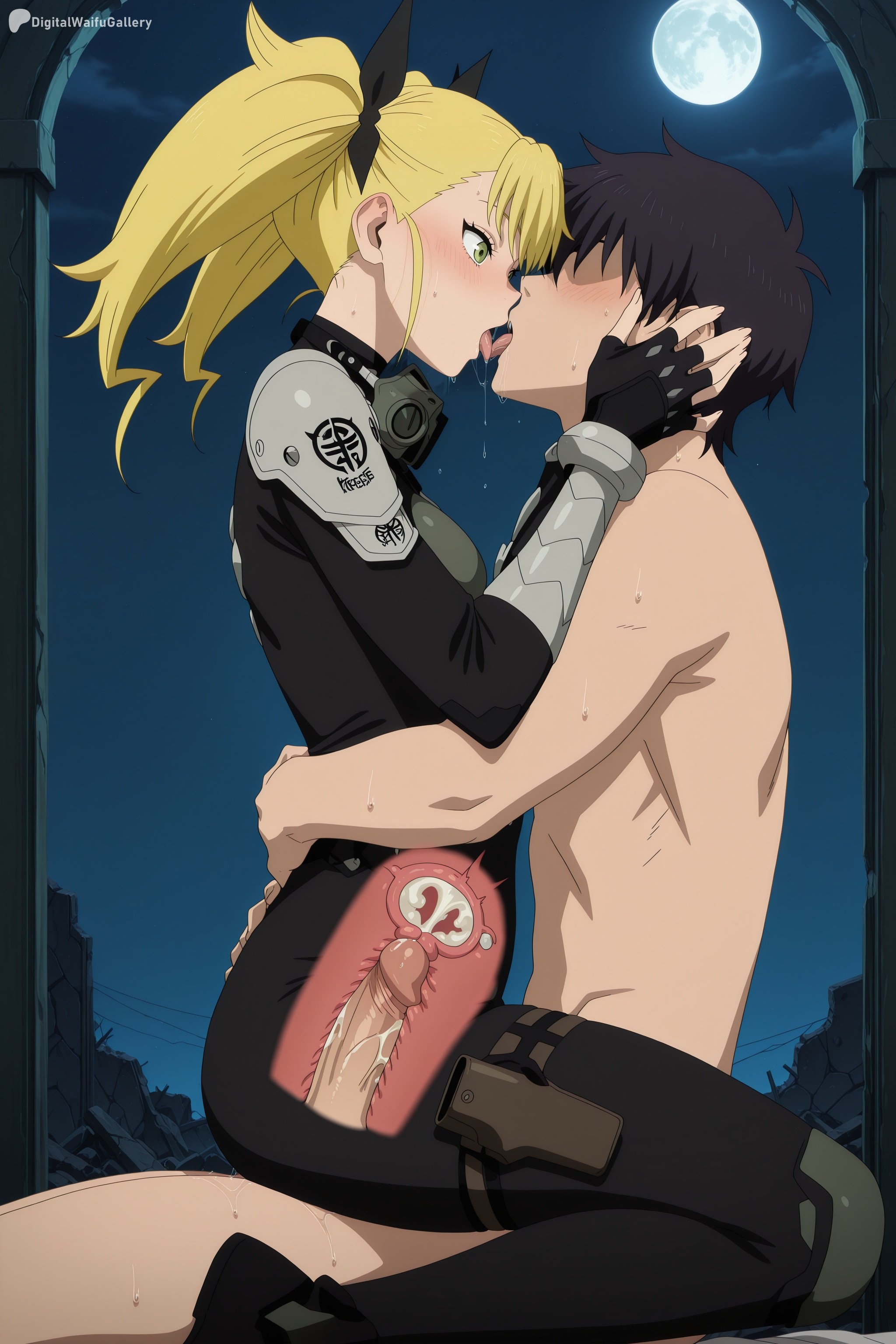 1boy, ai generated, blonde hair, blush, breasts, cross section, cum, cum in pussy, digitalwaifugallery, female, french kiss, full moon, gloves, green eyes, hi res, high quality, high resolution, internal cumshot, kaiju no.8, kikoru shinomiya, kissing, moon, moonlight, night, nude, patreon, penis, red moon, saliva, seductive, sex, sexy, straddling, straight, sweat, tongue, uncensored, uterus, vaginal penetration, watermark, x-ray