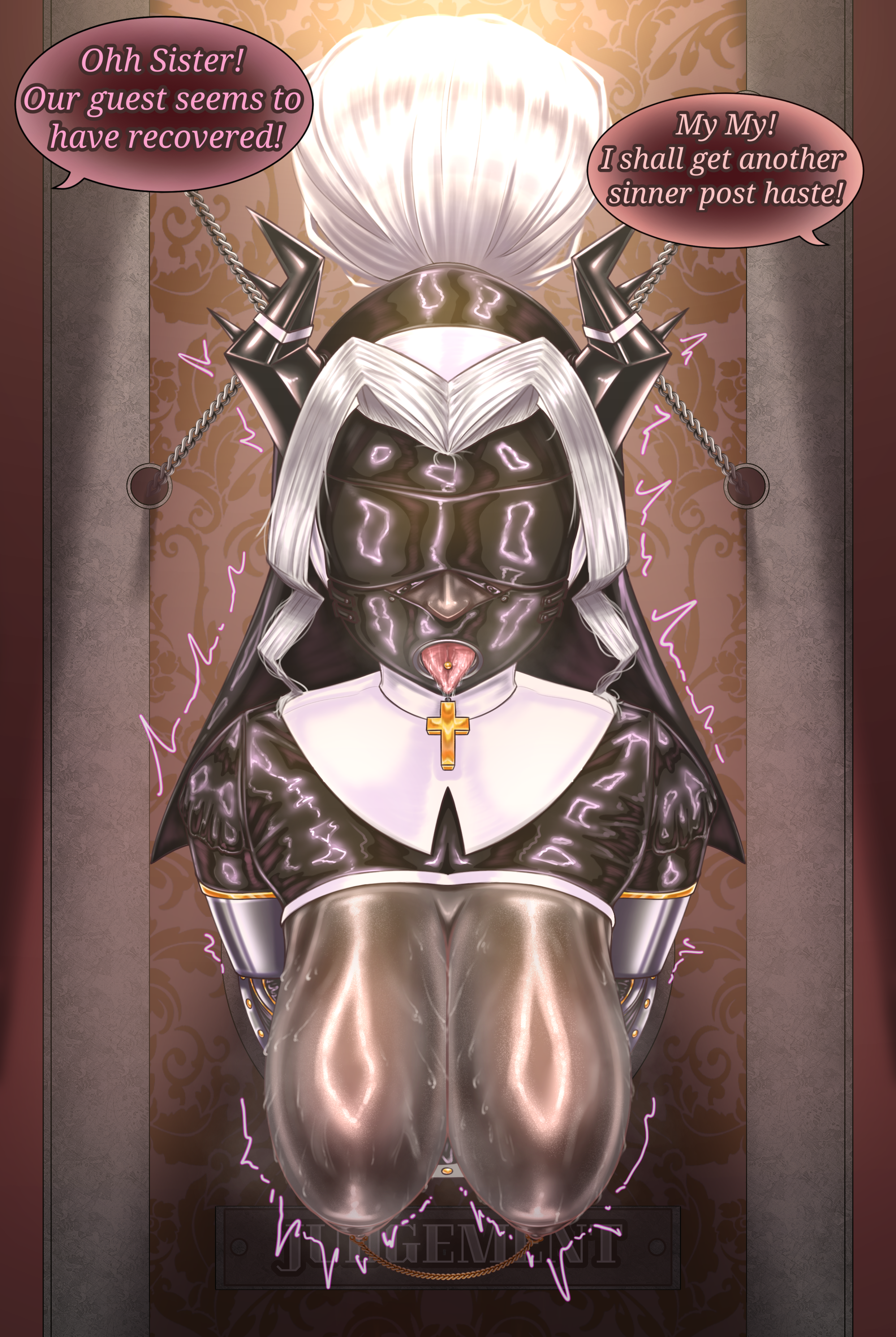 armbinder, big breasts, blindfold, bondage, breast, breasts out, dark skin, dark-skinned female, demon girl, demon horns, dialogue, female, femsub, gag, gagged, hanging breasts, helltaker, holy woman, horned female, horned humanoid, horns, huge breasts, husky, judgement (helltaker), large breasts, latex, latex clothing, latex nun, long hair, metal bondage, mr.bones22, nipple chain, nipple piercing, nun, nun hat, nun outfit, open mouth, open mouth gag, panel gag, ponytail, public use, ring gag, stuck, stuck in wall, sweat, tongue out, tongue piercing, white hair