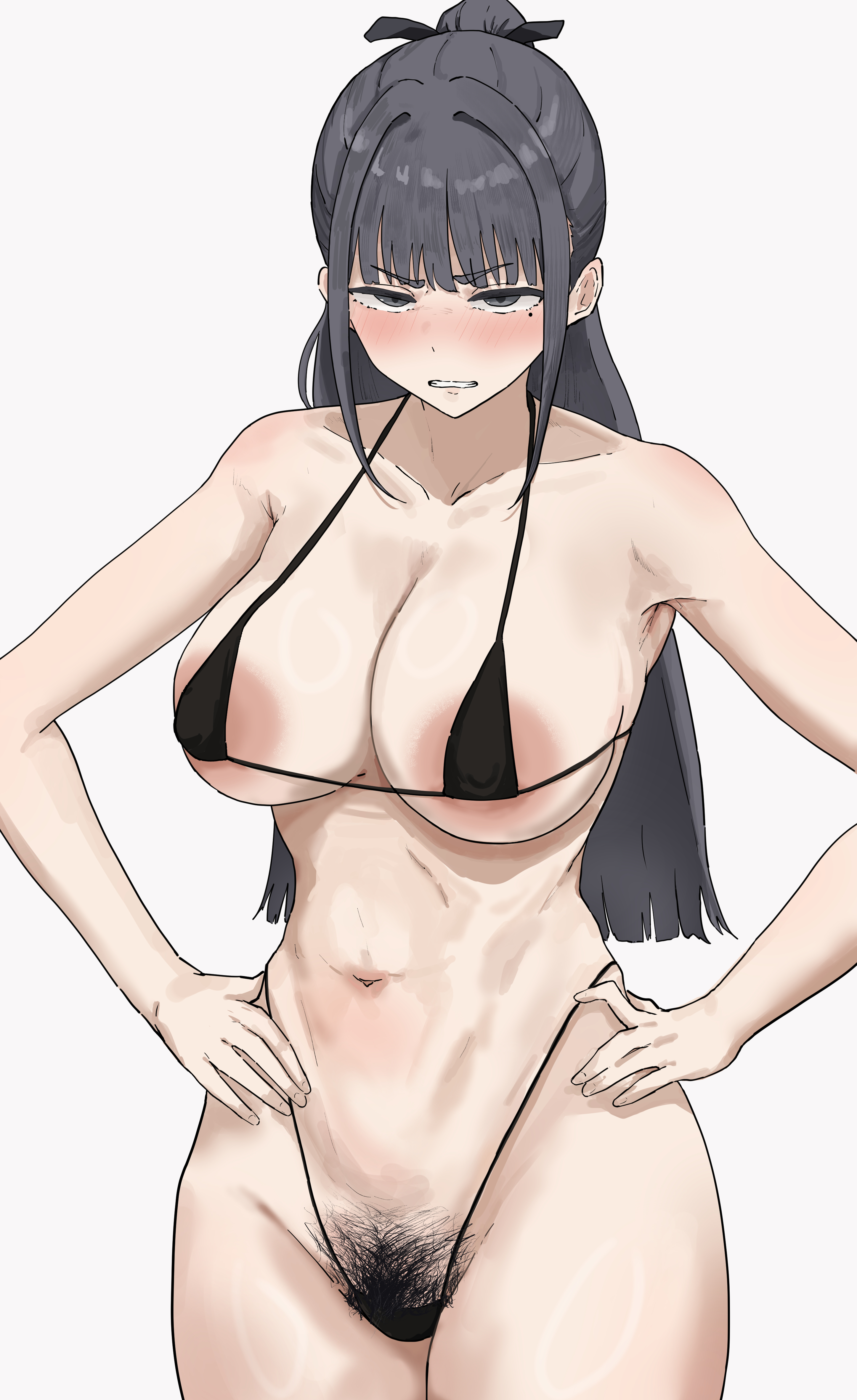 1girls, amaya tsubame, bikini, black bikini, black eyes, black hair, blush, female, gakuen idolmaster, hands on hips, idolmaster, long hair, mokuhon, mole, mole under eye, ponytail, pubic hair, solo, solo female