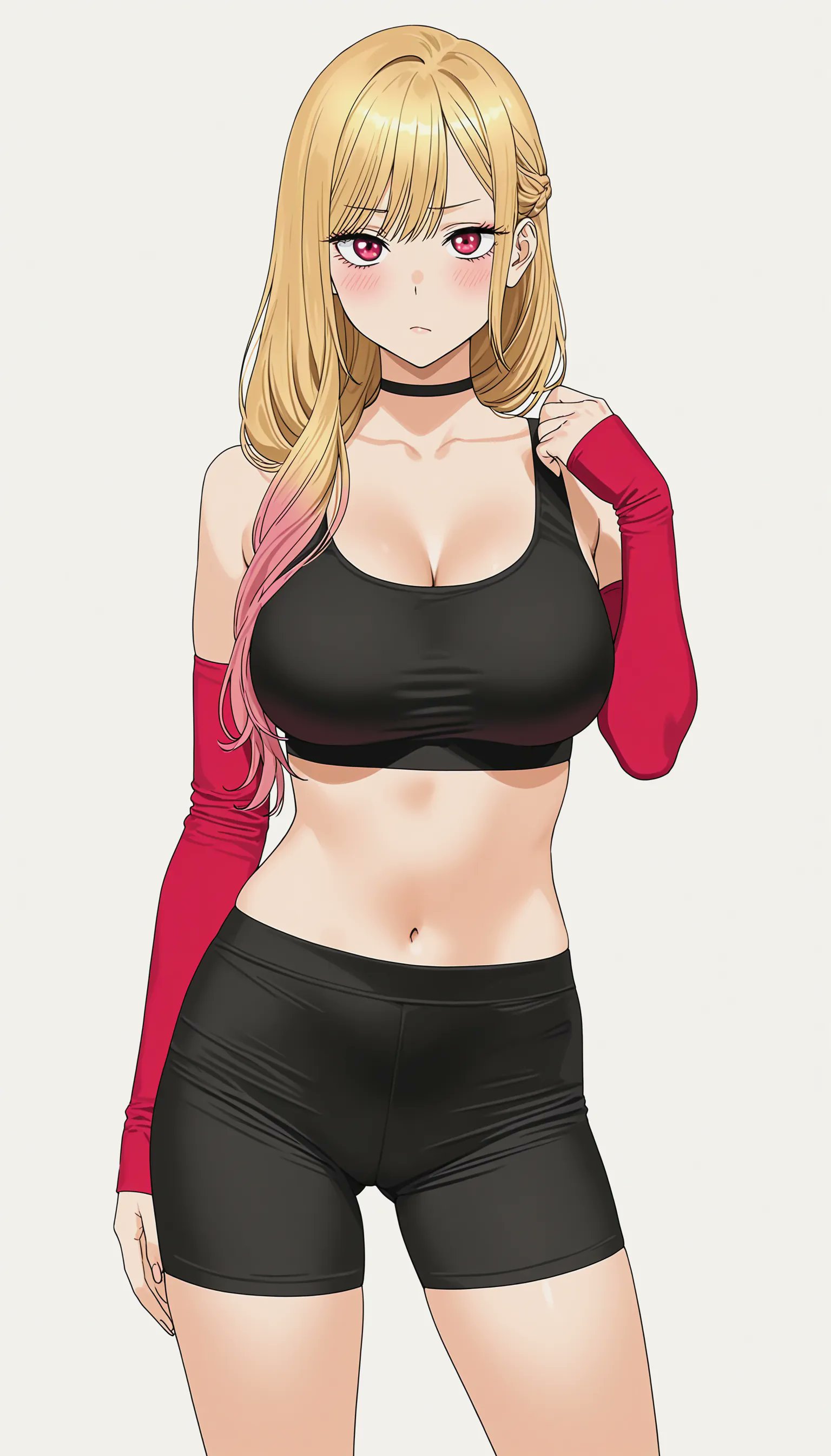 1girls, ai assisted, ai generated, arm sleeves, big breasts, blonde hair, choker, cleavage, colored tips, fit female, fitness, gym clothes, gym shorts, gym uniform, hourglass figure, kitagawa marin, long hair, looking at viewer, marin kitagawa, my dress up darling, posing for the viewer, red sleeves, rinomaw, shorts, simple background, sleeves, sono bisque doll wa koi wo suru, sportswear, tight clothing, tights, white background, young, young female