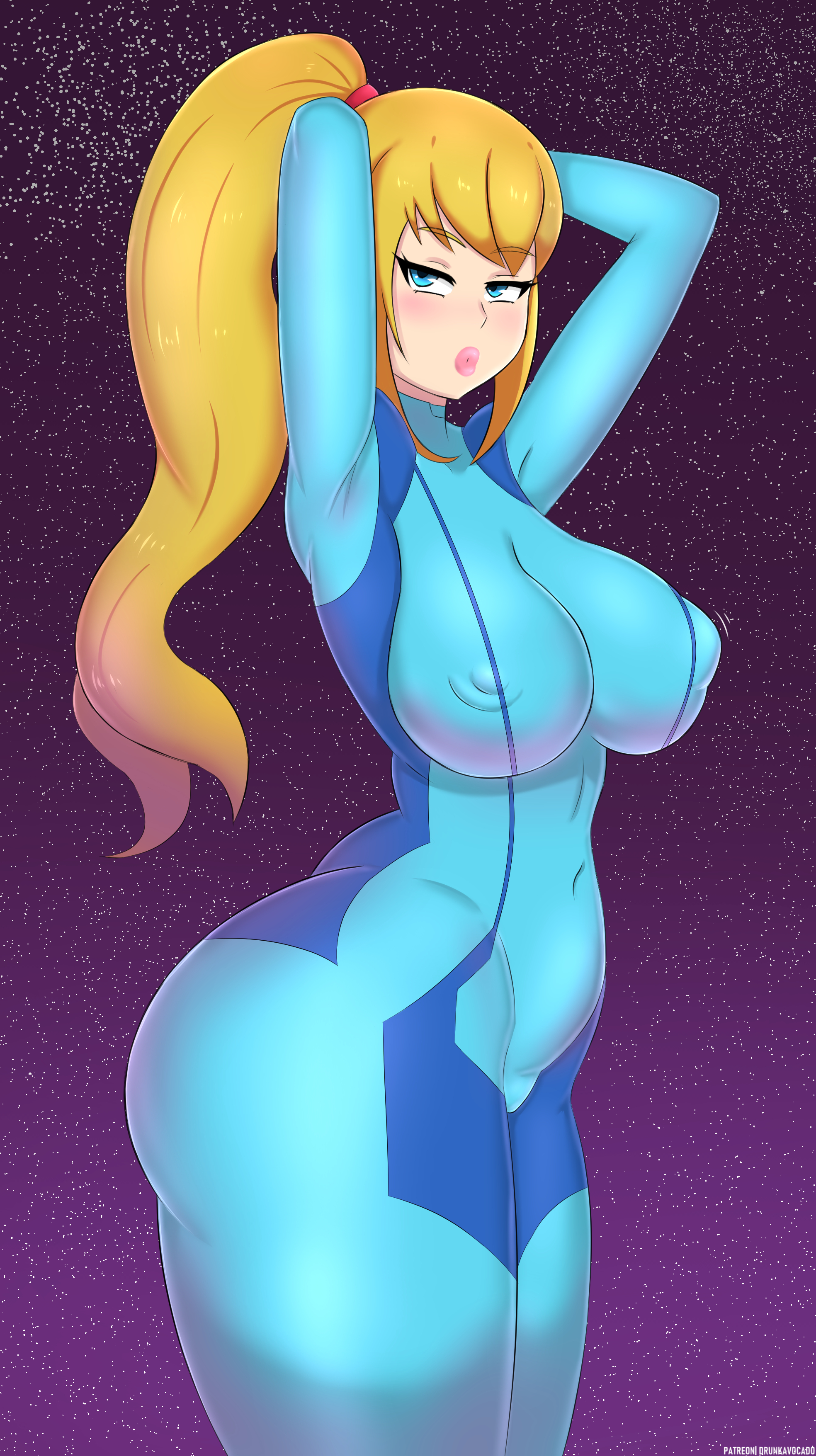 1girls, areola bulge, arms behind head, big breasts, bimbo, blonde hair, blue eyes, bodysuit, breasts, curvy, drunkavocado, eyebrows visible through hair, female, female only, hair, large breasts, looking at viewer, metroid, nintendo, nipple bulge, ponytail, puffy nipples, samus aran, thick thighs, voluptuous, zero suit, zero suit samus