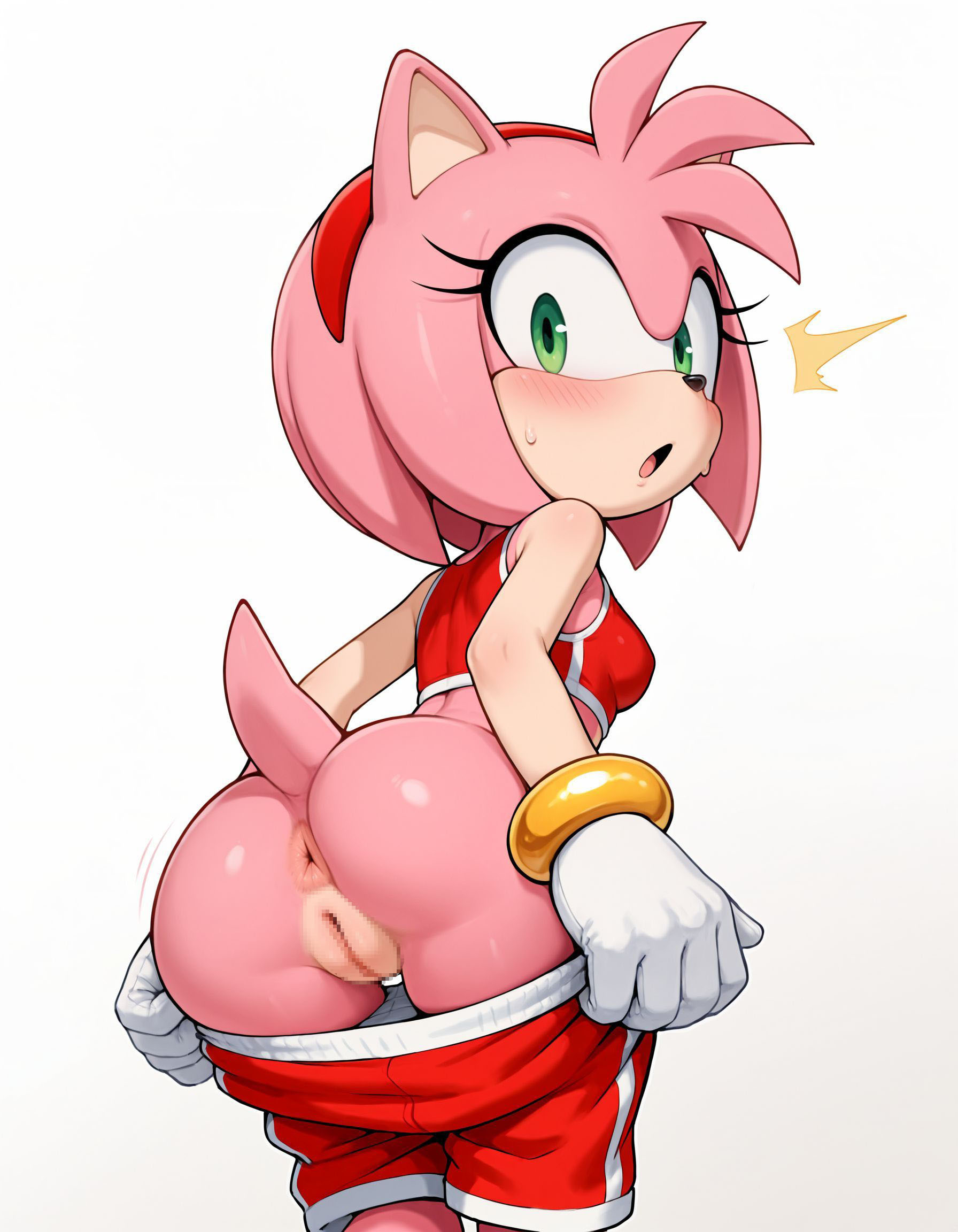 ai generated, amy rose, anus focus, ass, ass focus, bare ass, blush, bracelet, changing clothes, eyelashes, gloves, green eyes, huge ass, katalystnya, lolita fashion, looking back, medium hair, panties, perineum, pink fur, pink hair, pulling down shorts, red shirt, red shorts, round ass, sega, shorts, shorts pull, sleeveless shirt, sonic racing crossworlds, sonic the hedgehog (series), sport shirt, sportswear, tail, teenage, teenage girl, teenager, vagina, white panties