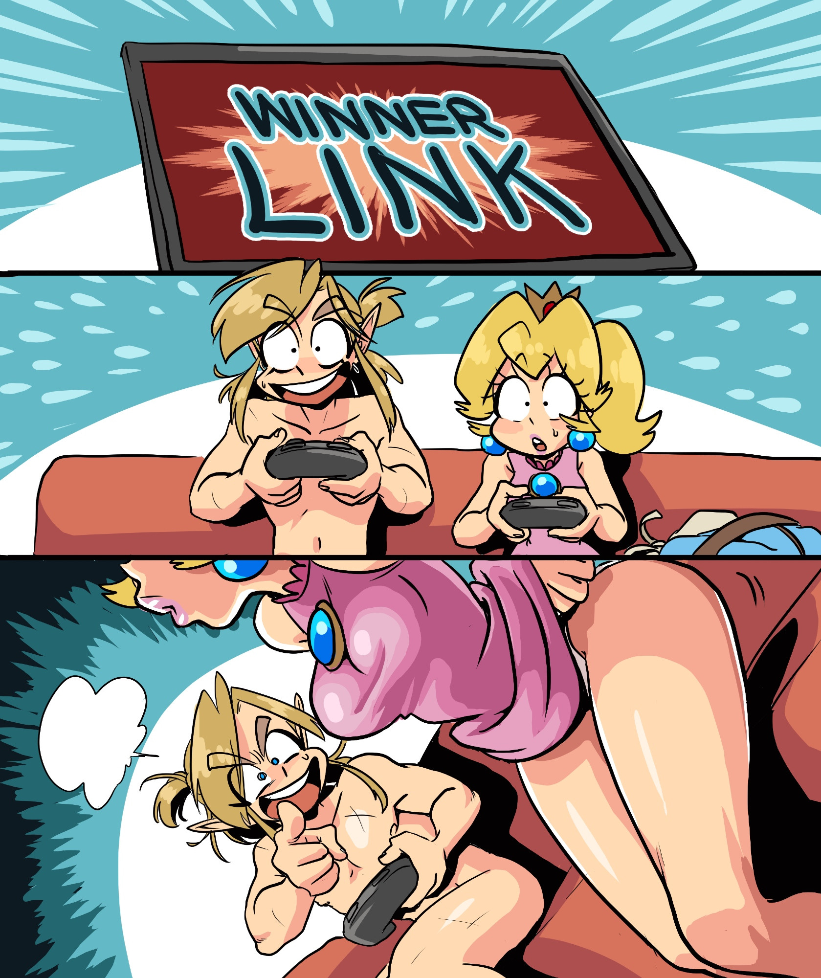 1boy, 1girls, female, gaming, link, male, mario (series), nude, princess peach, sasatseng, tagme, the legend of zelda, undressing