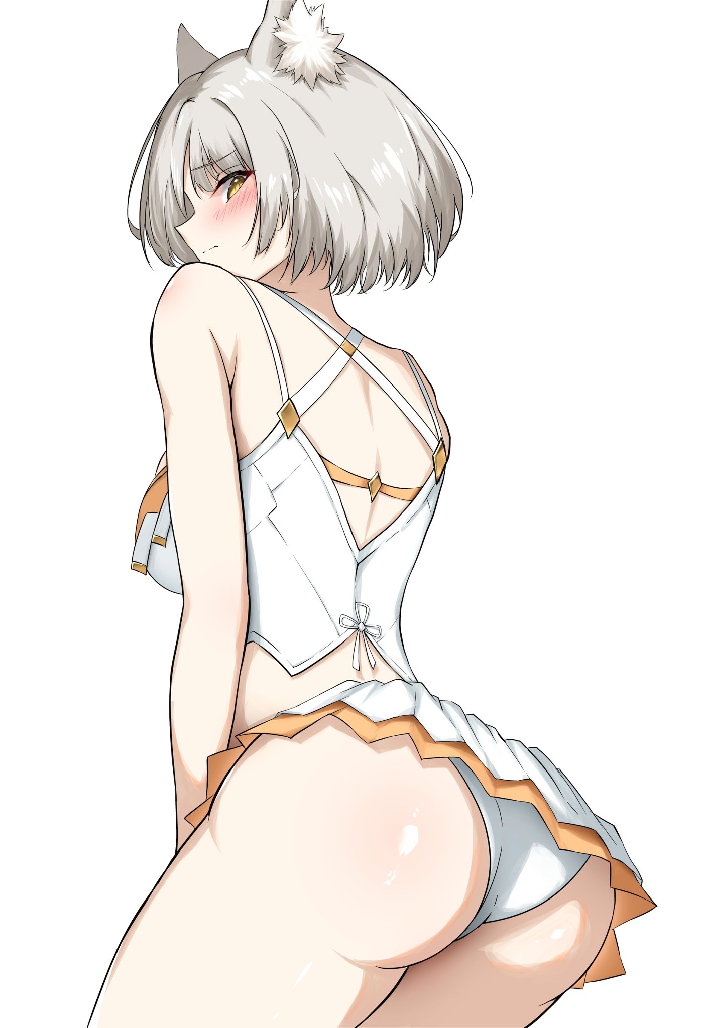 1girls, alternate costume, ass, blush, blushing, breasts, cat ears, catgirl, colored, embarrassed, grey hair, large ass, looking at viewer, looking back, looking embarrased, medium breasts, mio (xenoblade), monolith soft, nintendo, official alternate costume, okazu2010015, short skirt, skirt, swimsuit, tagme, thick ass, thick thighs, thighs, two-piece swimsuit, xenoblade (series), xenoblade chronicles 3, yellow eyes