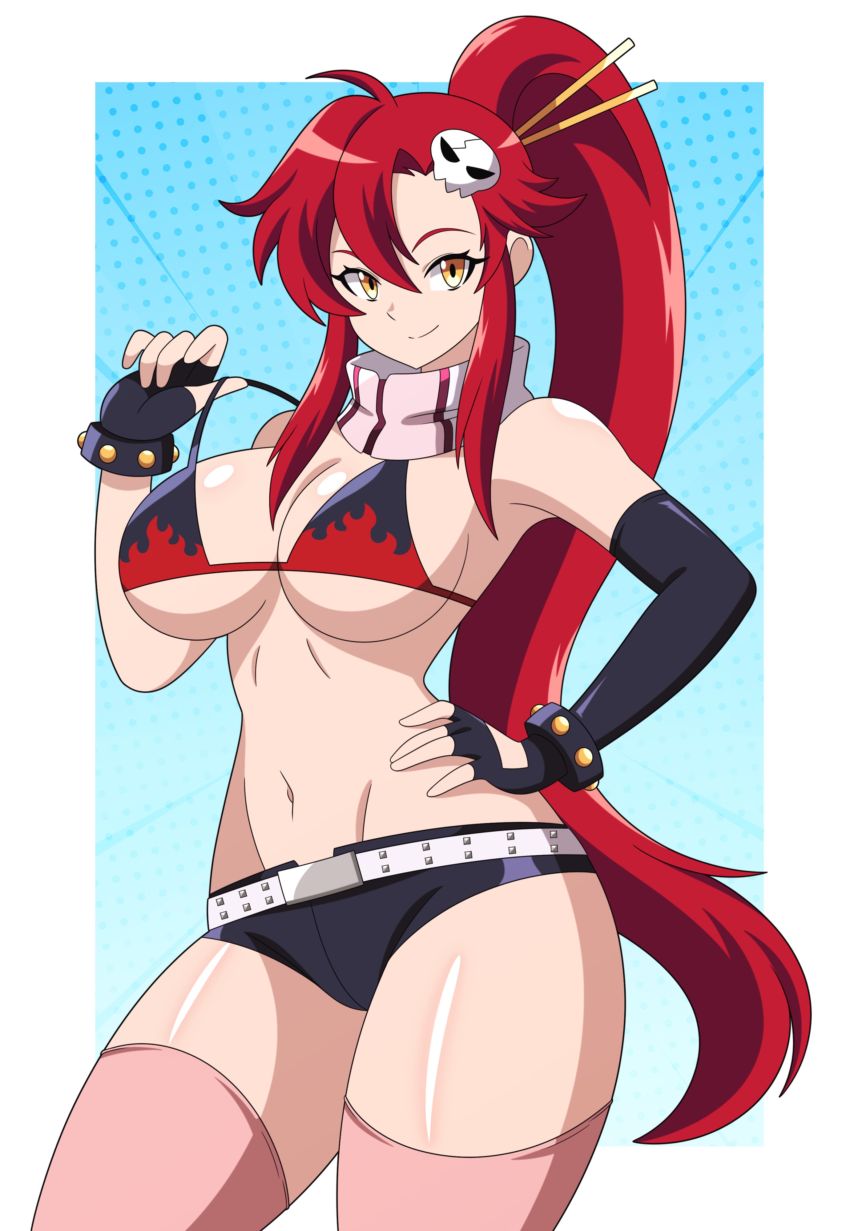 1girls, abysswatchers, bangs, belt, big breasts, bikini, bikini top, breasts, cleavage, elbow gloves, female, female only, fingerless gloves, gloves, hair ornament, hair stick, hand on hip, large breasts, long hair, looking at viewer, navel, pink legwear, polka dot, polka dot background, ponytail, red hair, scarf, short shorts, shorts, sidelocks, skull hair ornament, smile, solo, swimsuit, tengen toppa gurren lagann, thighhighs, very long hair, yellow eyes, yoko littner