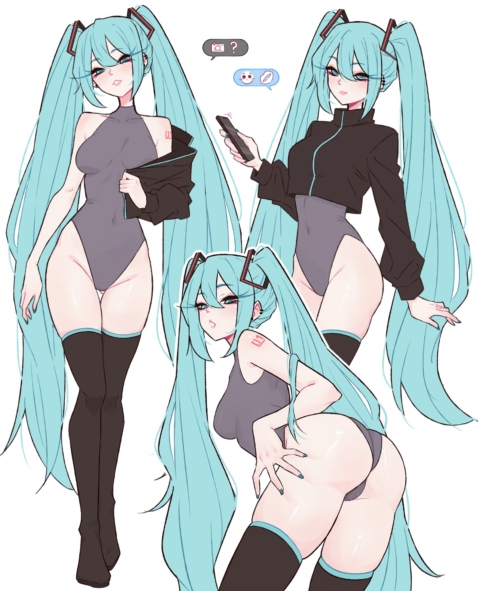 1girl, aqua eyes, aqua hair, ass, bare shoulders, big ass, big breasts, boots, breasts, covered navel, cropped jacket, cyan hair, dijor98, hair between eyes, hatsune miku, highleg, highleg leotard, holding, huge breasts, jacket, leotard, long hair, looking at viewer, medium breasts, multiple views, navel, parted lips, phone, smile, tattoo, thigh boots, thighhighs, twintails, very long hair, vocaloid, white background