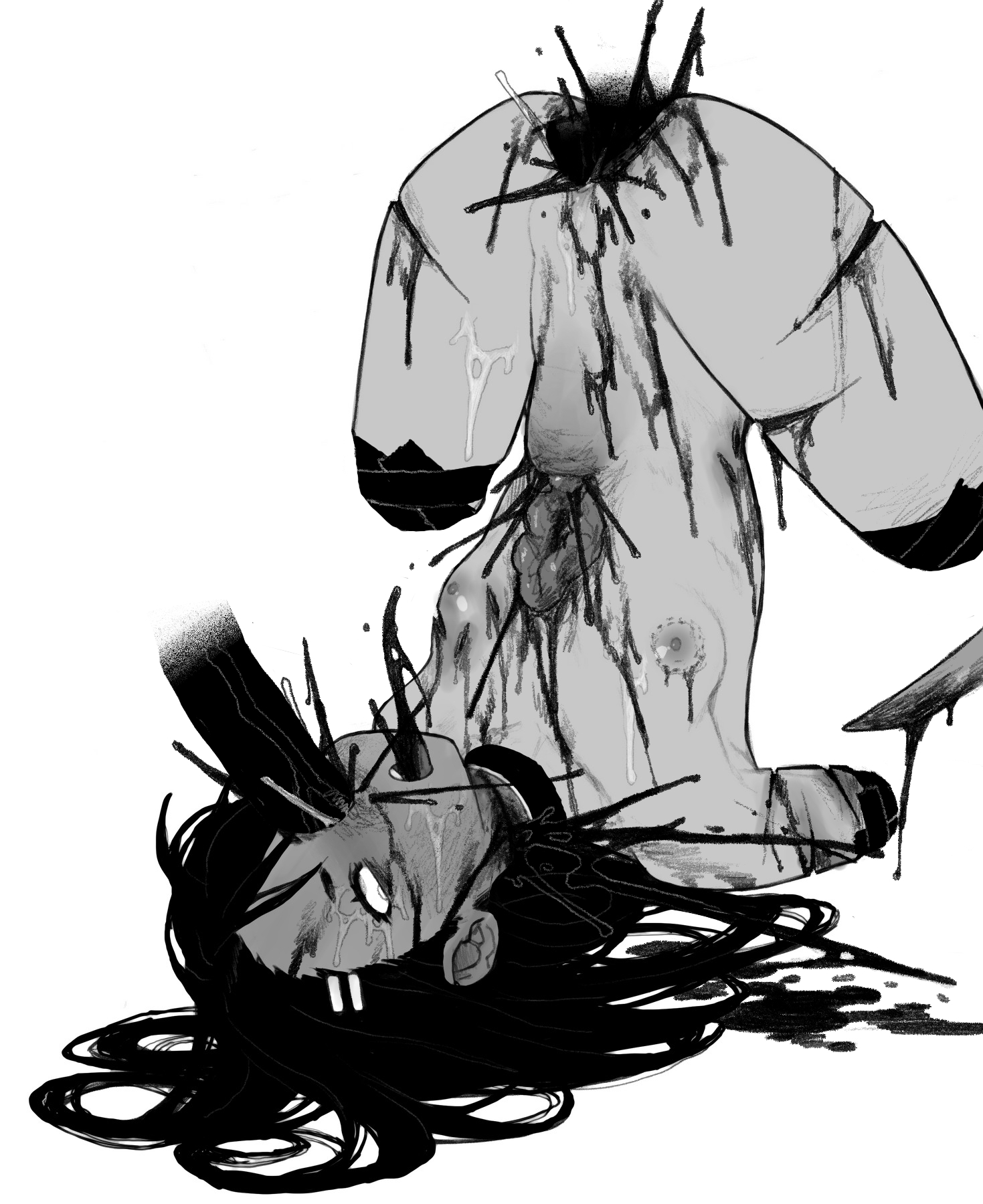 amputated arm, amputated leg, amputation, amputee, big penis, black hair, blood on face, blood splatter, bluesalm0n, breasts, cum in pussy, cum on body, cum on breasts, cum on face, dead, death, ejaculation, extreme content, female, female death, fluids, gore, guro, guts, hairclips, hayase nagatoro, intestines, long hair, male, monochrome, necrophilia, nipples, nude, penis, please don't bully me, nagatoro, pussy, quadruple amputee, ryona, silhouette, smile, snuff, spread legs, stomach bulge, teenage female, teenager, thighhighs, upside-down, vagina