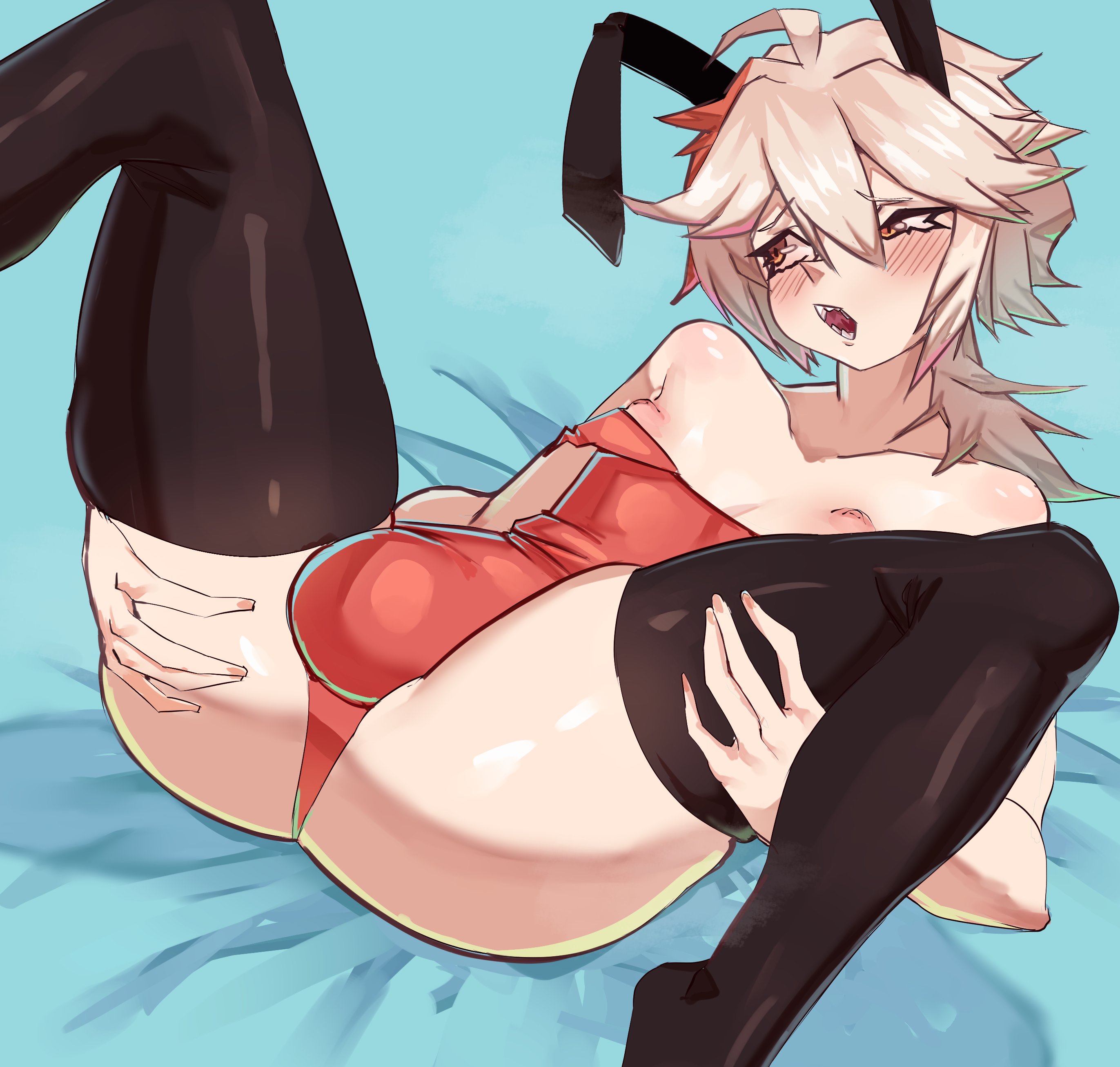 1boy, ass, bunnysuit, euvo, genshin impact, kaedehara kazuha, light-skinned male, male, male only, penis, solo, solo male