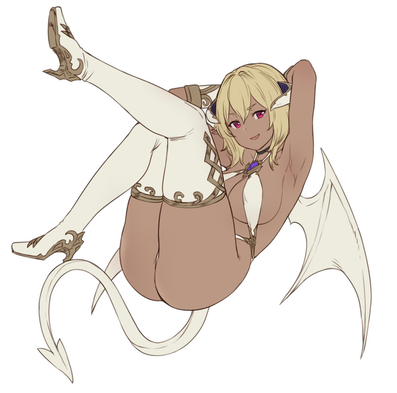 ass, big ass, big breasts, blonde hair, boots, breasts, cleavage, dark skin, dark-skinned female, demon, demon girl, female, highres, horns, houtengeki, solo, succubus, tail, thigh boots, wings