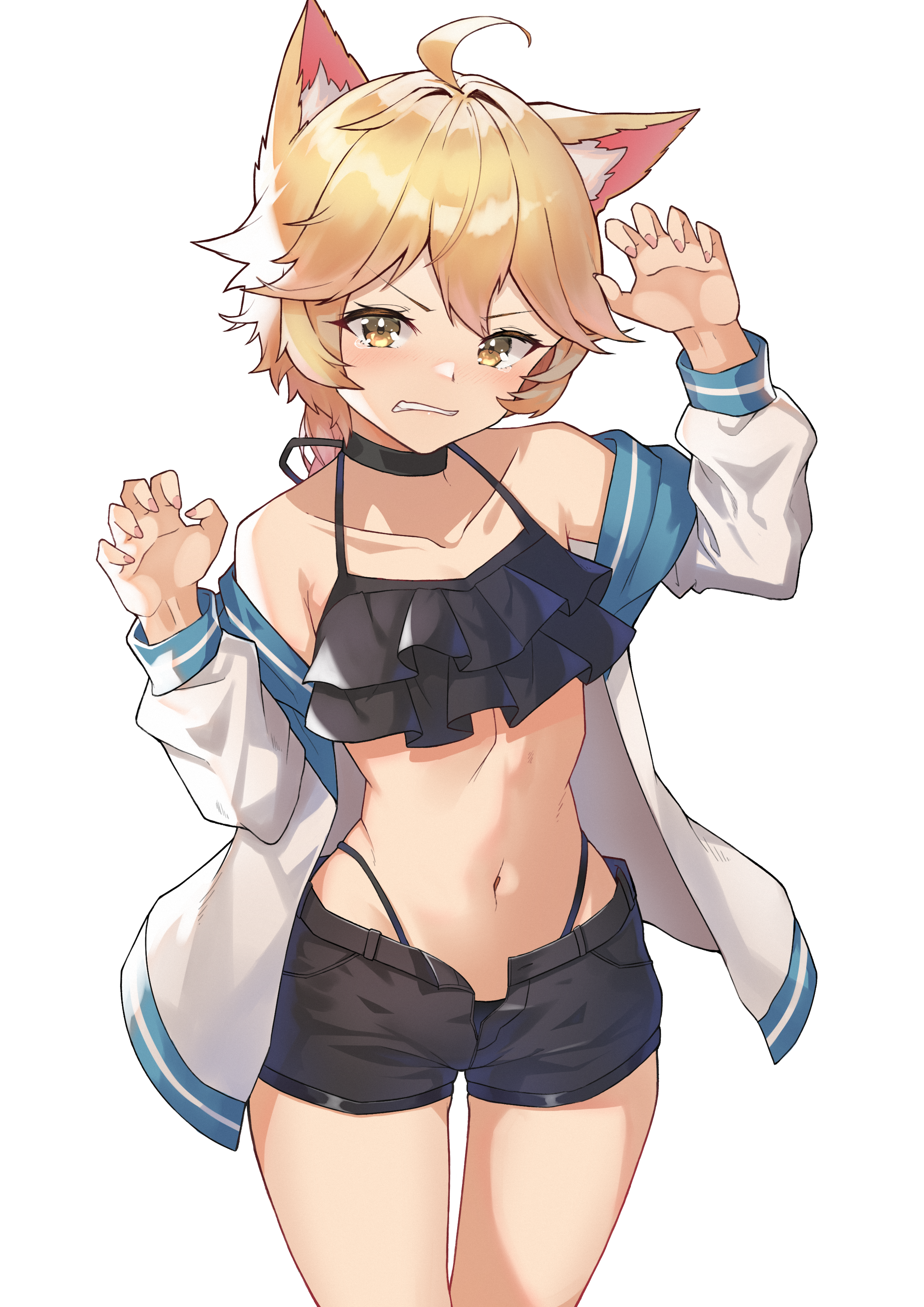 1boy, 1femboy, aether (genshin impact), ahoge, alternate costume, animal ears, bare shoulders, belly, belly button, blush, braid, braided ponytail, choker, clenched teeth, crossdressing, crossdressing (mtf), femboy, fox ears, genshin impact, jacket, legs, light-skinned male, long sleeves, looking at viewer, male, male only, navel, off shoulder, open clothes, open fly, open jacket, paw pose, short shorts, shorts, simple background, solo, solo male, swimsuit, teeth, trap, white background, yellow eyes