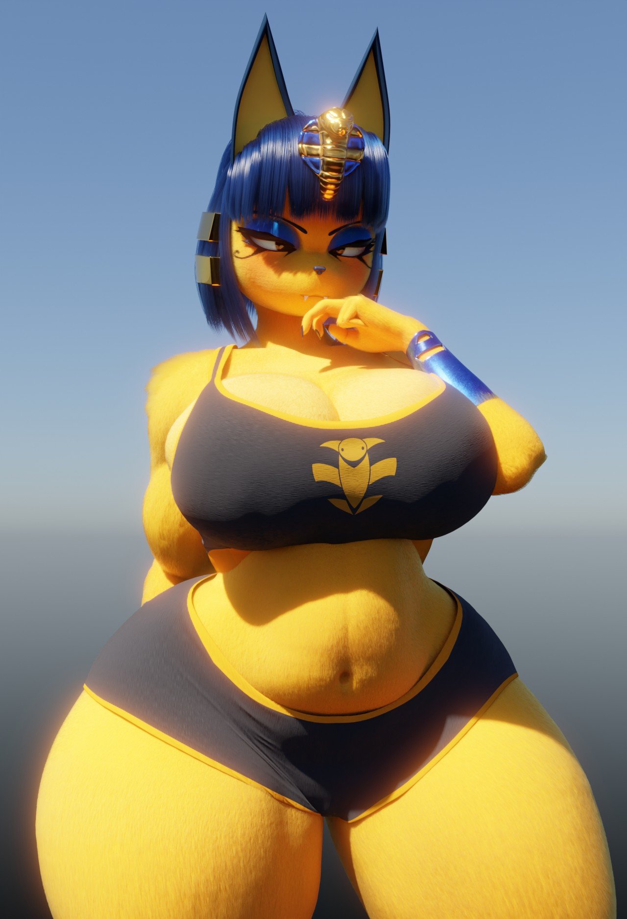 1girls animal_crossing ankha ankha_(animal_crossing) anthro anthro_female anthro_only big_breasts blue_hair blue_hair_female breasts cat_girl catgirl clothed clothed_female female female_focus female_only front_view furry furry_female furry_only large_boobs large_breasts midriff palmtreerothic solo solo_female solo_focus thick_thighs thighs tummy video_game_character voluptuous voluptuous_female yellow_fur