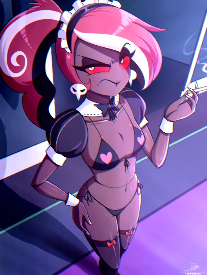1girls, 2020s, 2025, 2d, annoyed, cigarette, dark skin, dark-skinned female, demon girl, earrings, female, hand on thigh, hazbin hotel, hazbin hotel (season 2), hellaverse, holding cigarette, instagram link, maid, maid bikini, maid headdress, no ai, overlord, side-tie panties, smoking cigarette, solo, the-butch-x, thighhighs, two-tone hair, velvette, villainess, vivienne medrano, western cartoon