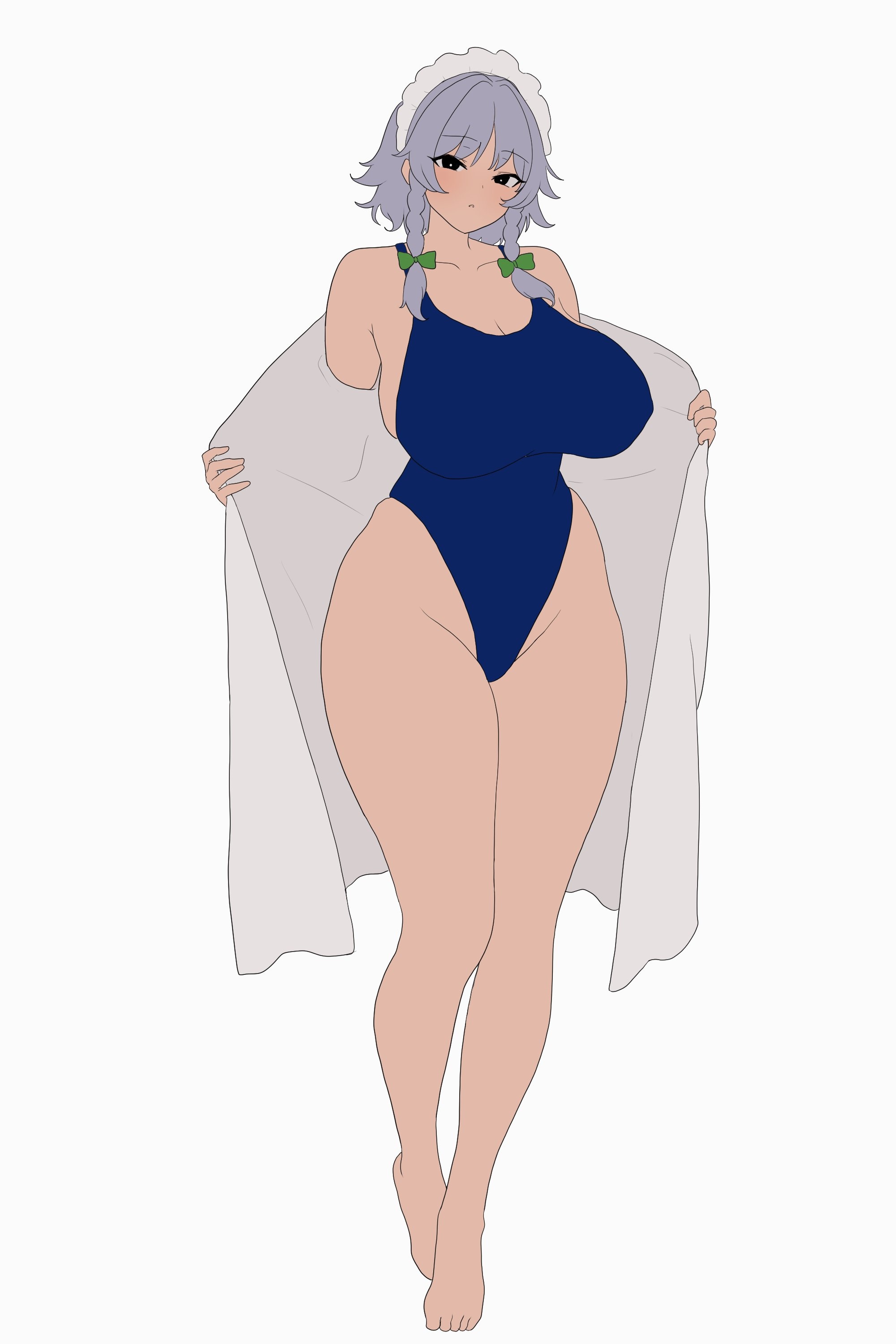 bare legs, bare shoulders, barefoot, black eyes, blue one-piece swimsuit, blush, bow, braid, breasts, cleavage, closed mouth, collarbone, competition swimsuit, curvy, female, flat color, full body, green bow, grey hair, groin, hairbow, highleg, highleg swimsuit, huge breasts, izayoi sakuya, large breasts, looking at viewer, maid headdress, medium hair, moriforest1040, one-piece swimsuit, open clothes, sakuya izayoi, school swimsuit, short hair, side braids, simple background, solo, standing, swimsuit, thick thighs, thighs, touhou, touhou project, towel, twin braids, white background, wide hips