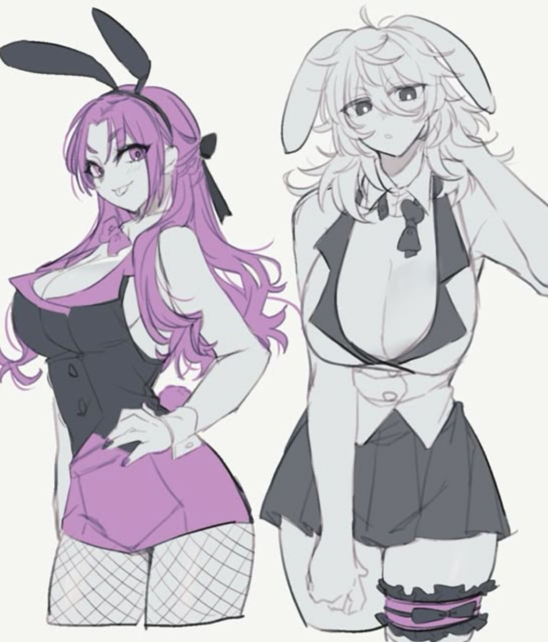 2girls, big breasts, blue lock, breast size difference, bunny ears, curvy female, female, female only, femlock, hand in hair, hand on hip, medium breasts, nagi seishiro, purple hair, reo mikage, rule 63, tongue out, unknown artist, white hair