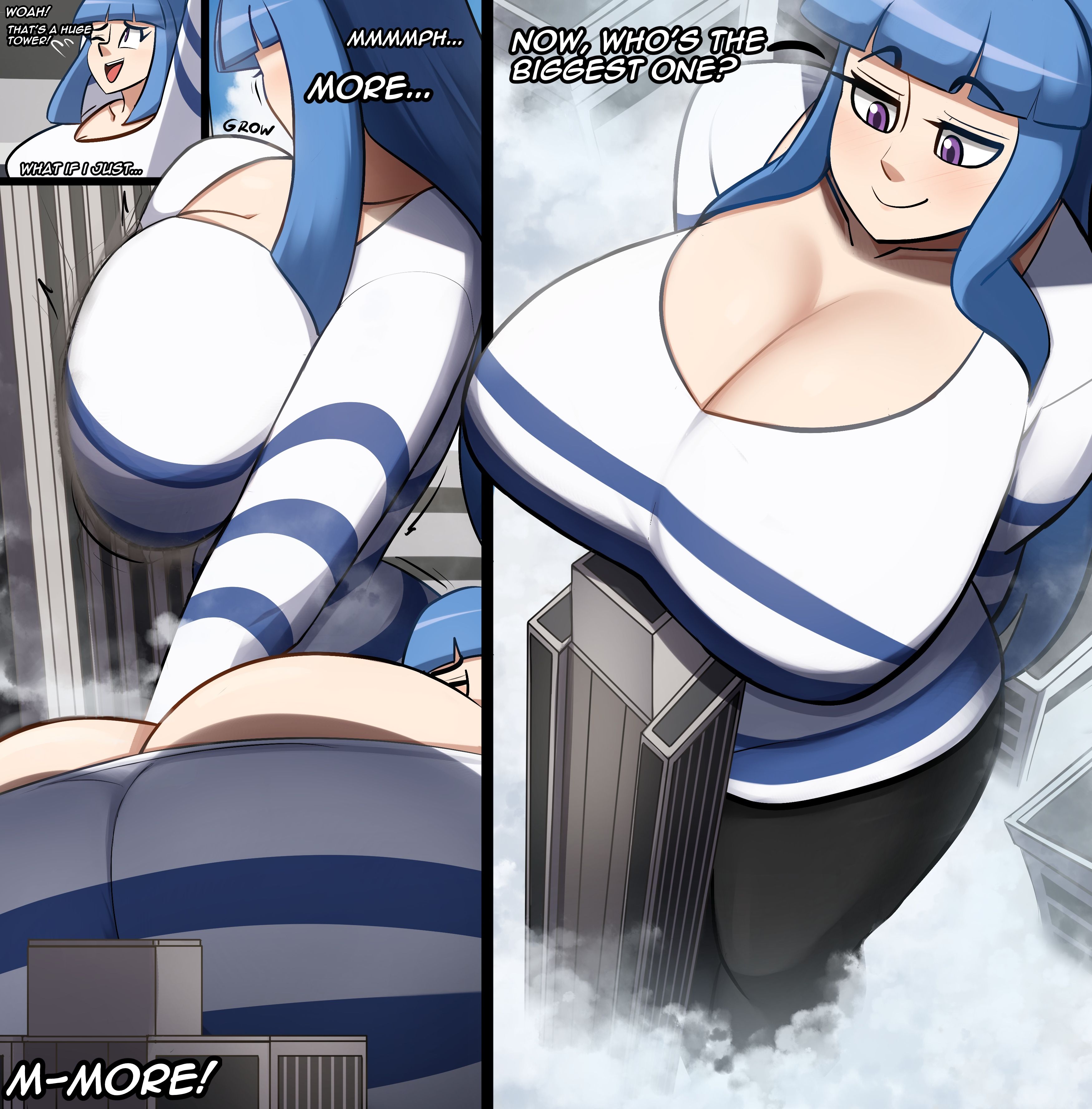 against wall, blue hair, breast expansion, breasts bigger than head, charlydibulol, cleavage, giantess, giantess growth, gigantic breasts, gigantification, growing, growth, huge breasts, original character, purple eyes