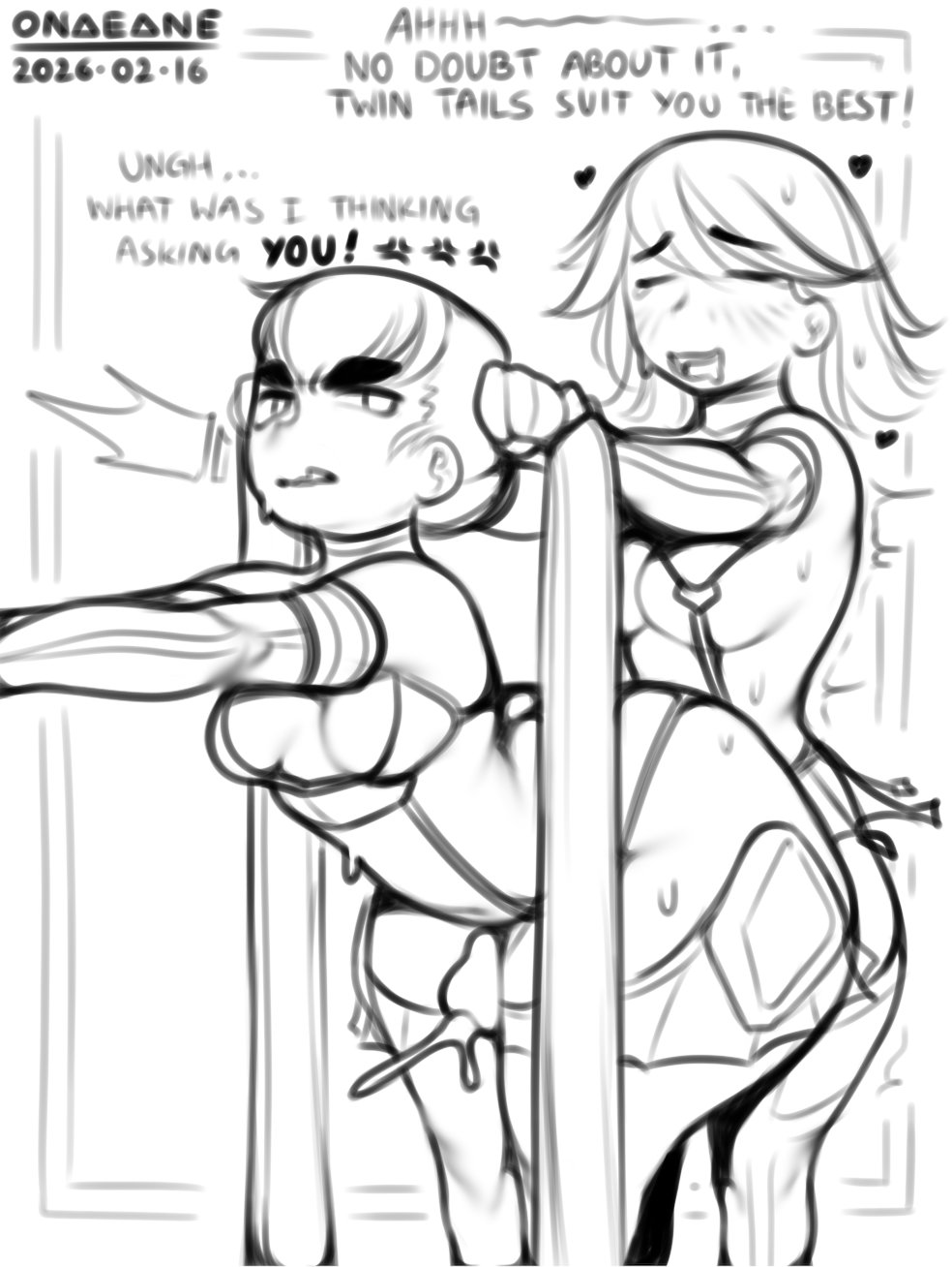 1futa, 1girls, 2026, balls, bottom heavy, breasts, clothed, clothing, cum, dated, dialogue, duo, erection, female, futanari, huge ass, huge cock, human, incest, kill la kill, kiryuuin satsuki, matoi ryuuko, monochrome, mostly nude, onaeane, penis, ponytail, pulling hair, pulling twintails, sisters, sketch, smooth balls, smooth penis, standing, swinging penis, text, thick thighs, thigh sex, thighjob, twintails, unaware, wide hips