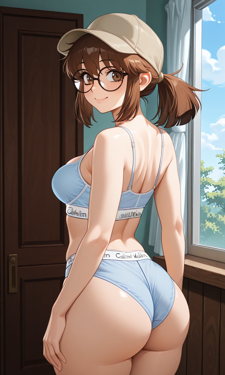1girls, ai, ai art, ai generated, ai-created, ass, ass focus, big ass, breasts, briefs, butt focus, calvin klein, female, female only, fio germi, glasses, houseofwaifu, light-skinned female, medium breasts, metal slug, panties, smile, snk, solo, thick, thick hips, thick legs, underwear