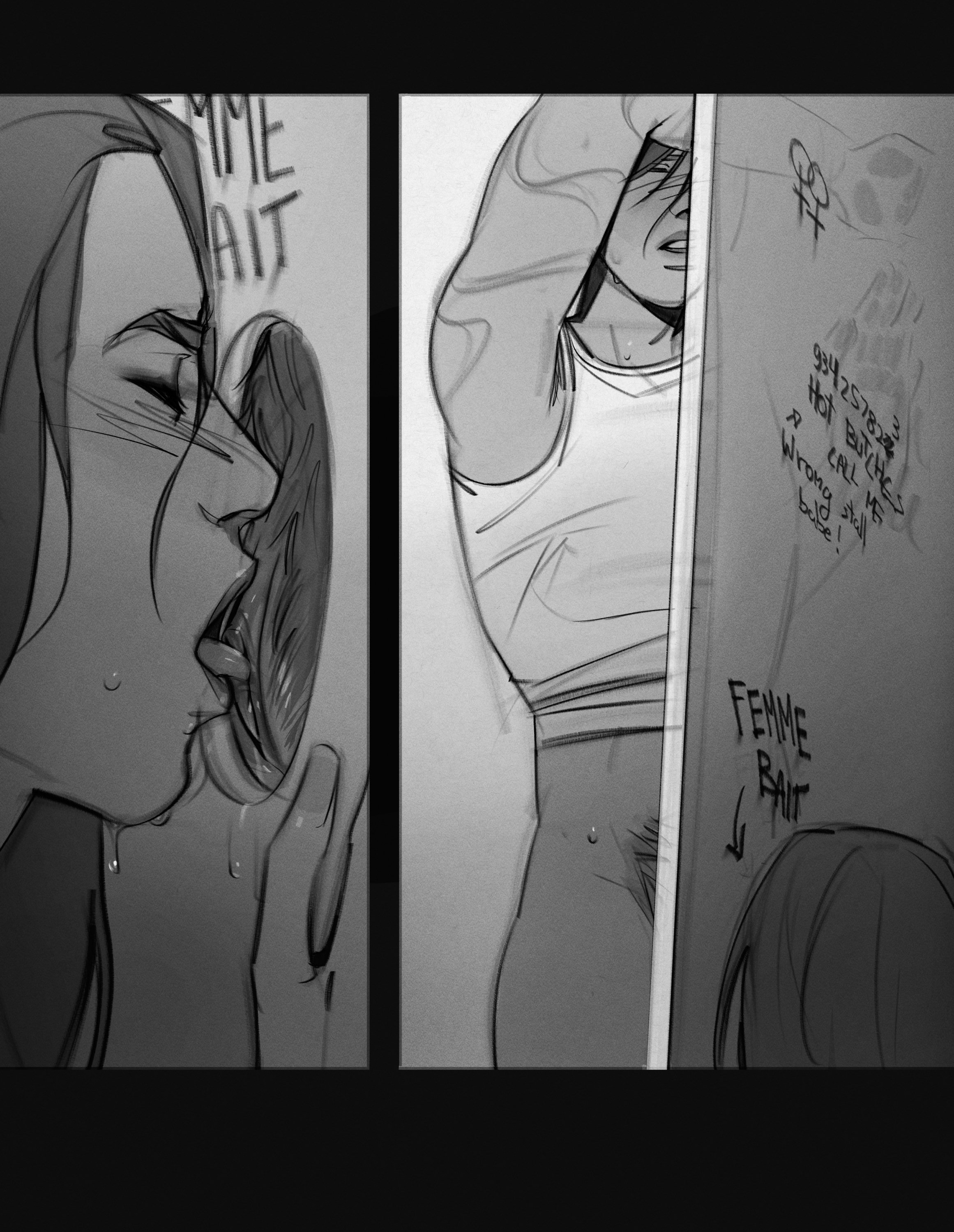 2girls, arcane, arcane caitlyn, arcane vi, black and white, blush, bottomless, caitlyn kiramman, cunnilingus, glory hole, hairy, hairy pussy, hole in wall, league of legends, licking, licking pussy, long hair, looking pleasured, monochrome, muscular, muscular female, oral, parted lips, pleasure face, pubic hair, riot games, short hair, steemyart, tongue, tongue out, vi, wet, wet pussy, writing, yuri