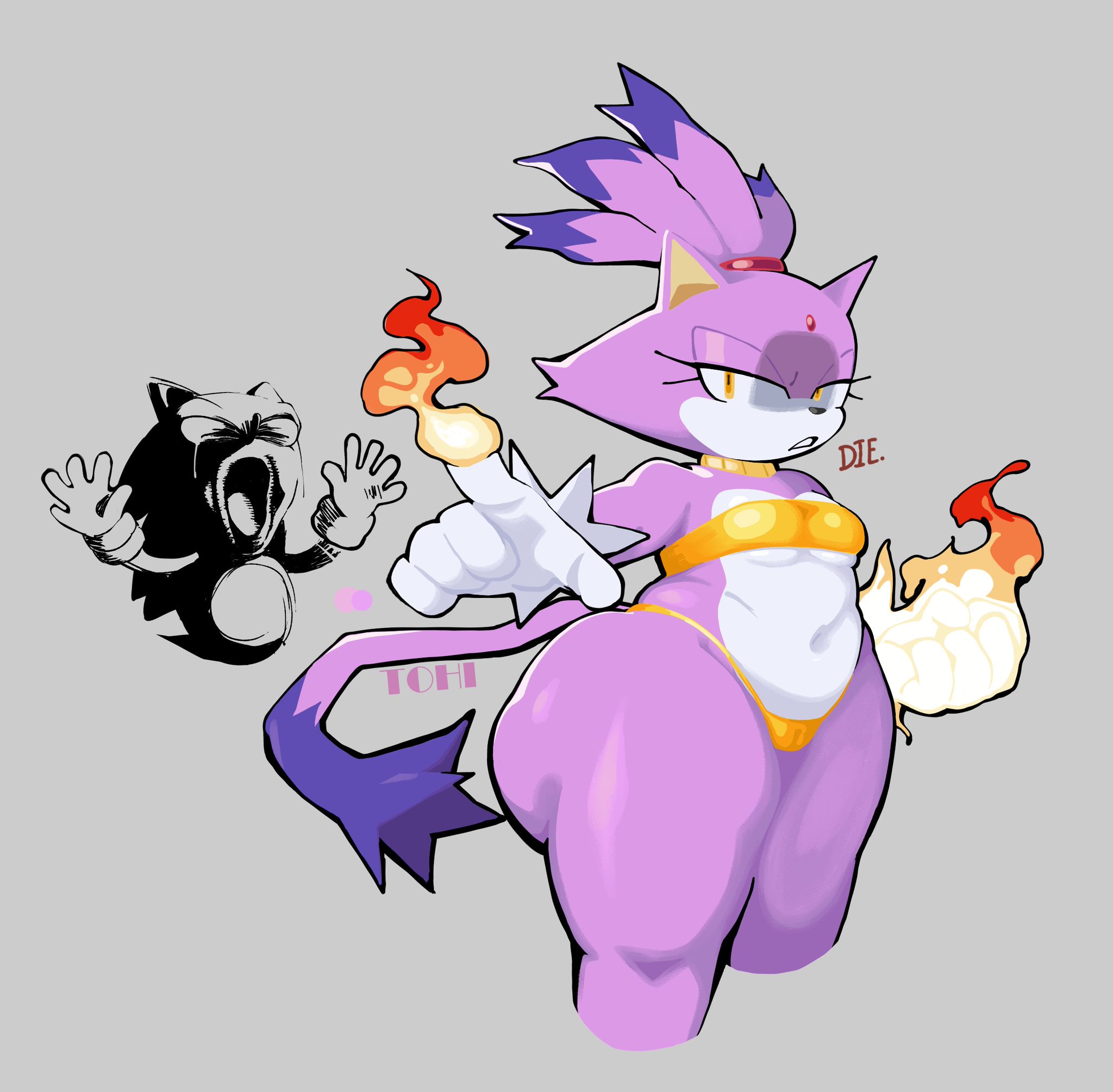 1girl1boy, 1girls, big ass, bikini, blaze the cat, bottom heavy, cat, chubby, dialogue, fire, gold bikini, meme reference, pyrokinesis, simple background, small breasts, sonic (series), sonic the hedgehog, text, theonehornedimp