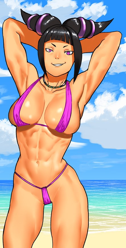 1girls abs armpits arms_up bangs beach biceps bikini black_hair blunt_bangs breasts breasts_apart capcom cessa clothed clouds cowboy_shot drill_hair female female_only front_view hands_behind_head human juri_han large_breasts looking_at_viewer micro_bikini muscles muscular_female navel outdoors pink_bikini pink_eyes posing shiny_skin sidelocks smile smirk solo street_fighter street_fighter_v toned toned_female twin_drills