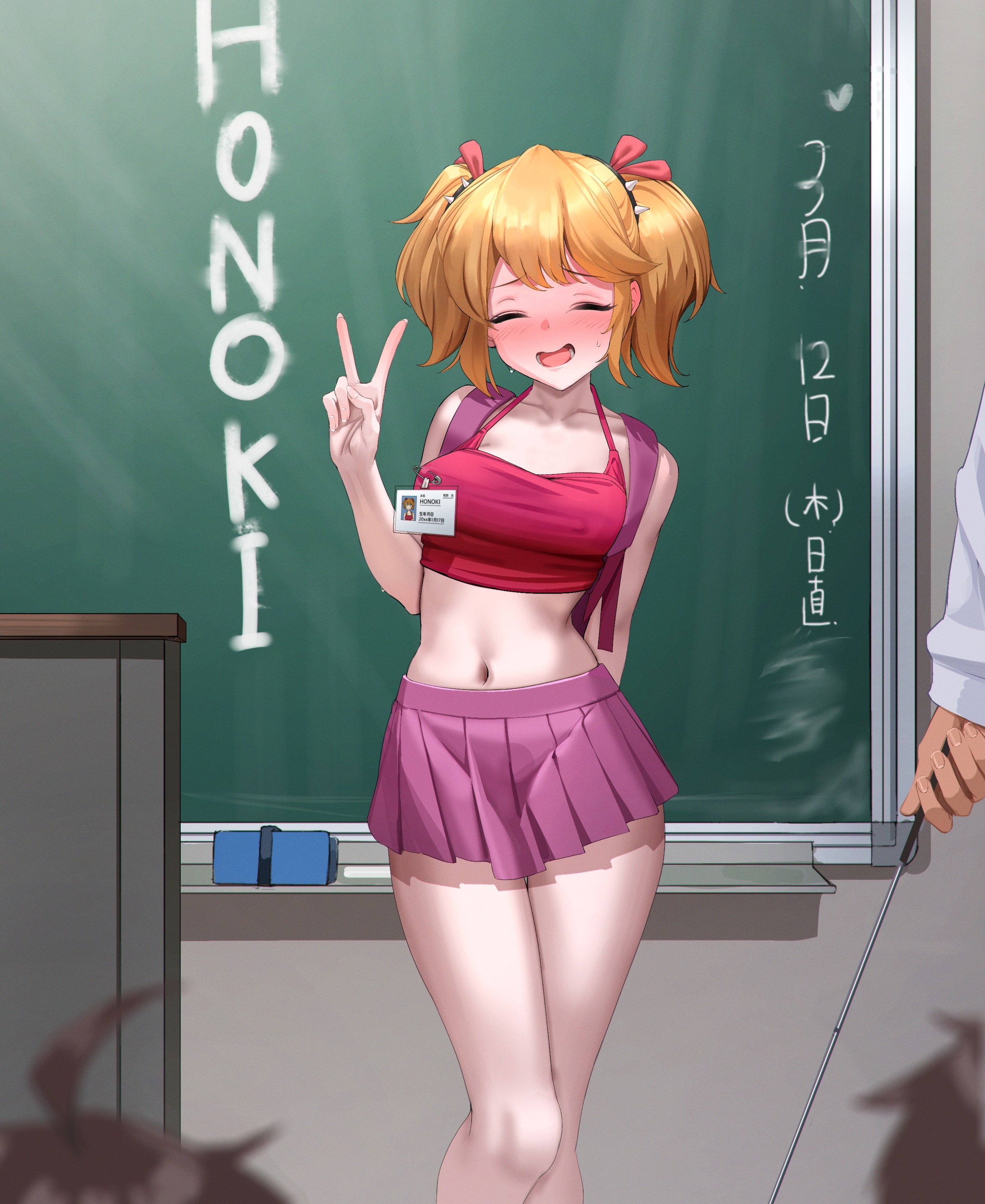 1girls, bare legs, blonde hair, blush, blushing, bow, classroom, embarrassed, exhibitionism, female, female focus, ie (pixiv 101298631), medium breasts, name tag, navel, nipple bulge, nipple piercing, nipple tag, nipples, nipples visible through clothing, peace sign, pierced nipples, pierced through clothes, piercing through clothes, pigtails, safety pin, safety pin piercing, skirt, smiling, standing, stomach, tagme, tank top, twintails