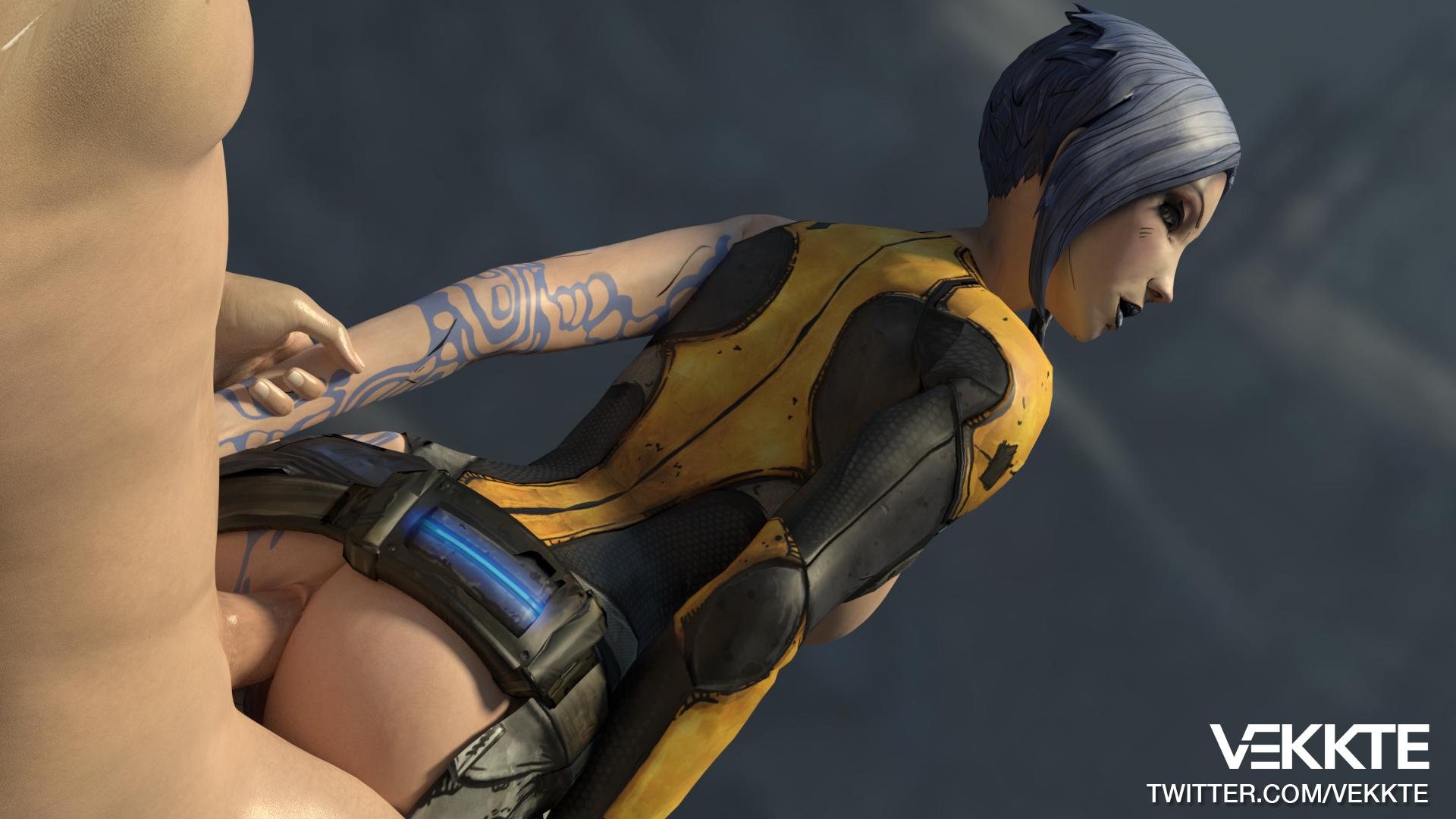 1boy, 1girls, 3d, anal, anal sex, anus, ass, blender, blue hair, blue lipstick, bob cut, body markings, borderlands, borderlands 2, breasts, erection, female, male, maya (borderlands), penetration, penis, sex, siren (borderlands), siren markings, tattoo, vekkte