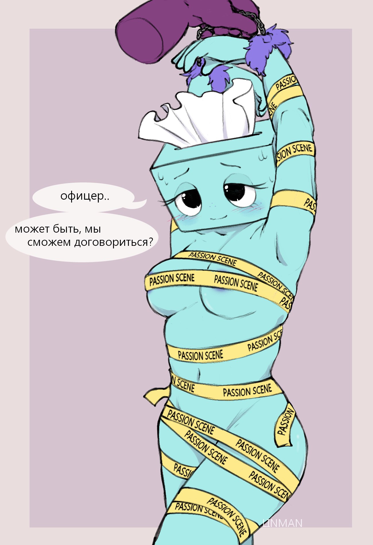 1boy1girl, anthro, artwork (digital), blush, blushcrunch studio, caution tape, cyan skin, dandy's world, female focus, fluffy cuffs, for a head, handcuffs, linman, purple skin, roblox, roblox game, roleplay, russian text, sweat, tisha (dandy's world), toon (dandy's world), twisted boxten (dandy's world)