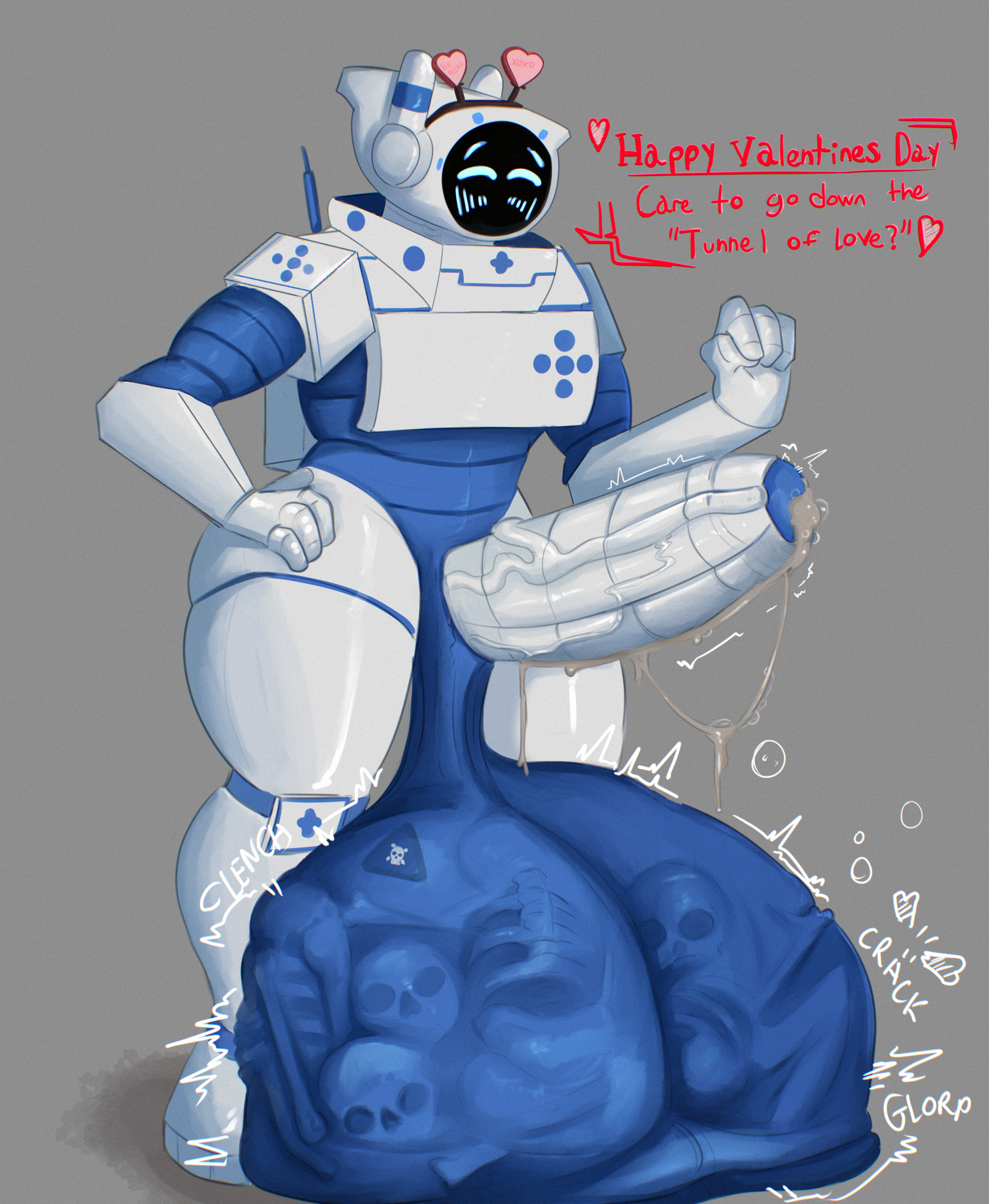 android, android boy, bones in balls, clyde (jaymesvore), cock vore, cum digestion, dialogue, digested prey, digestion, english text, grey cum, holidays, human prey, humanoid penis, hyper penis, jaymesvore, male only, mass vore, nurse, offering to viewer, robot boy, robot humanoid, skull, unusual cum, valentine's day, veiny penis, vore