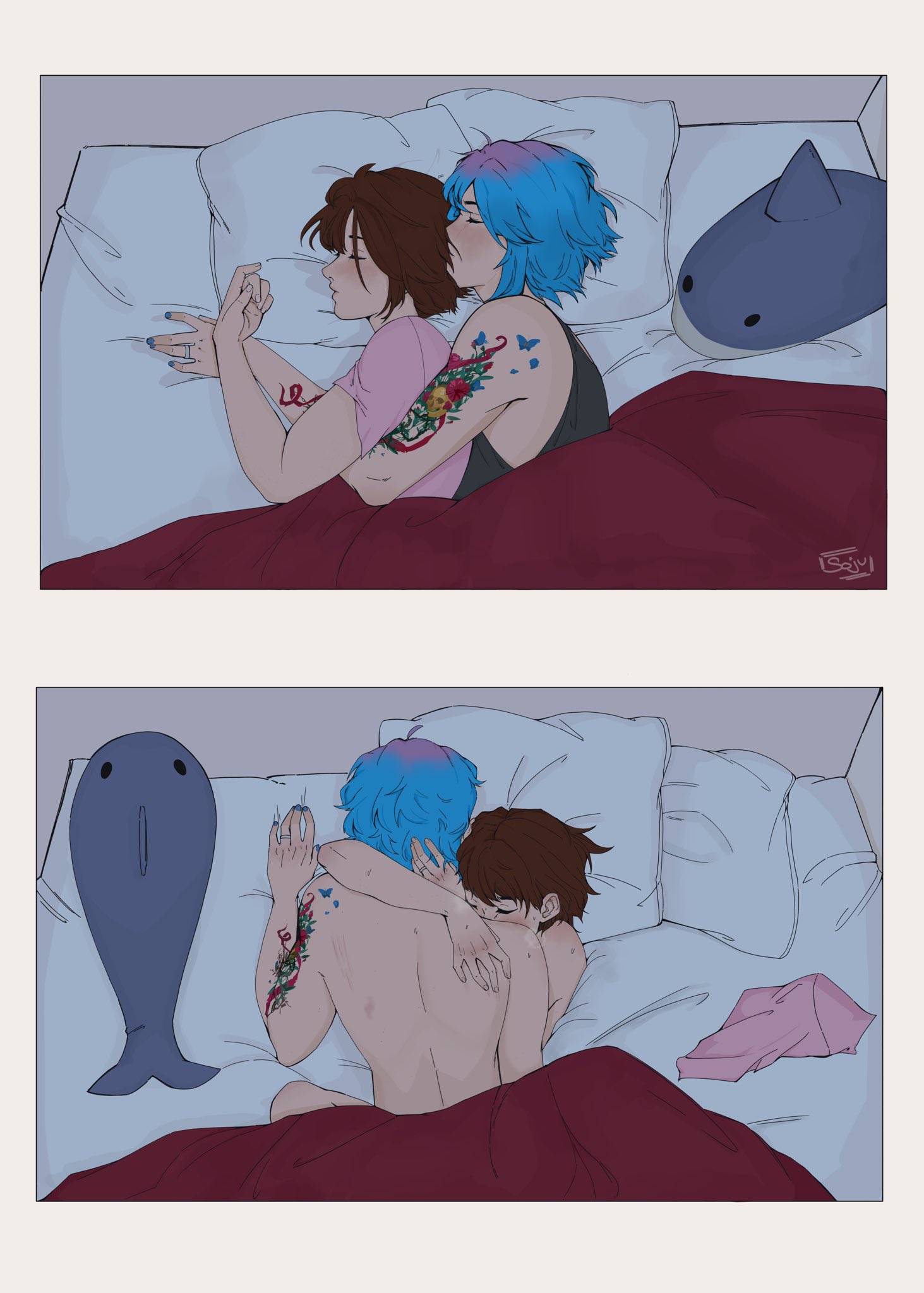 2d, 2girls, bed, blue hair, blush, brown hair, chloe price, closed eyes, couple, cuddling, embrace, female, female only, hug, hugging, lesbian sex, life is strange, married couple, max caulfield, nude, passionate, ring, scratch marks, scratches, sleeping, sleeping together, spooning, tattoo, tattooed arm, xsoju, yuri