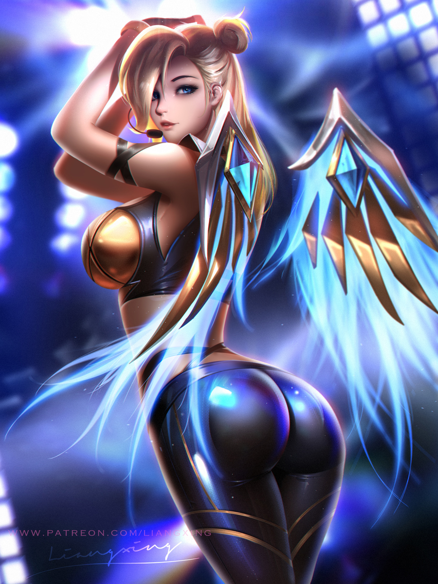 1girls, alternate costume, ass, breasts, cleavage, female, female only, k/da series, league of legends, liang xing, looking at viewer, looking back, mercy, overwatch, solo, tight clothing