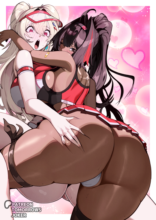2girls, ass, ass focus, bandaid, bandaid on arm, bay (nikke), black hair, blonde hair, border, breasts, cameltoe, cheerleader, chocolate and vanilla, clay (nikke), crop top, curvy, dark skin, dark-skinned female, goddess of victory: nikke, grabbing another's ass, groping, hair intakes, high ponytail, huge ass, looking at viewer, multicolored hair, multiple girls, open mouth, outside border, panties, ponytail, red hair, red skirt, red streaks, rewind (nikke), shiny skin, sideboob, single thighhigh, skirt, streaked hair, tank top, thick thighs, thigh strap, thighhighs, thighs, tomorrowsjoker, two-tone hair, underwear, visor cap, white border, white panties, wide hips, yuri