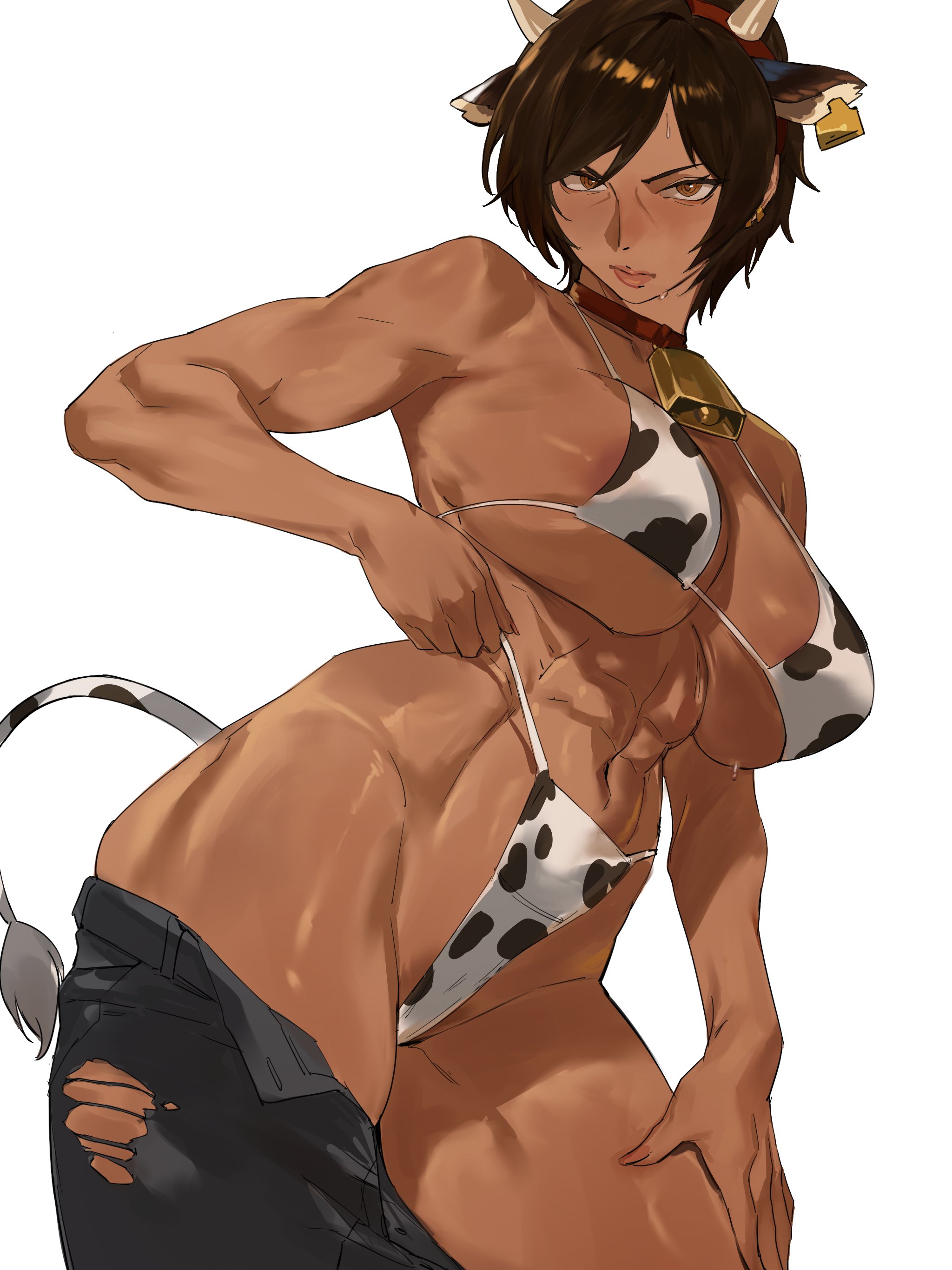 1girls, abs, athletic, big breasts, cow print, enargeia, limbus company, looking at viewer, muscular female, outis (limbus company), project moon, taiyang yu